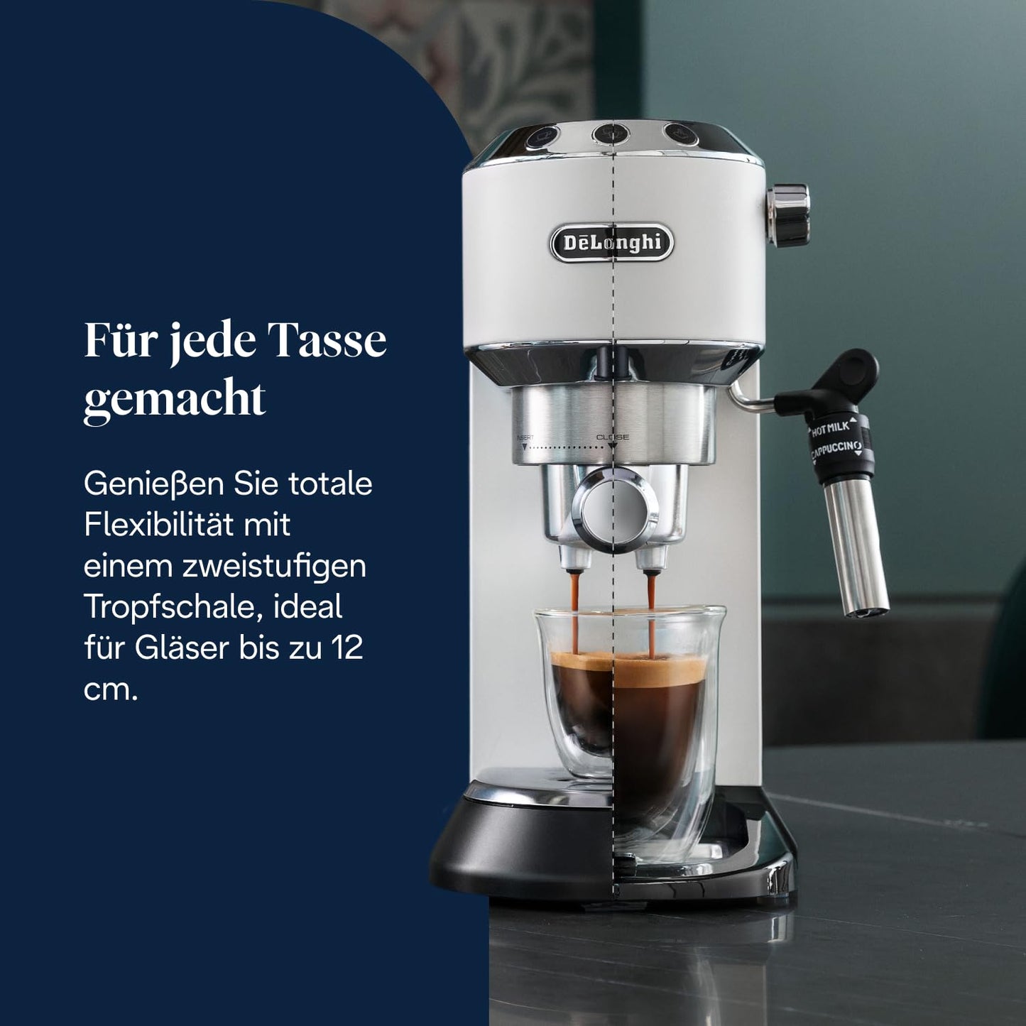 De'Longhi Dedica Style - Perfetto compact portafilter machine espresso machine with buttons, manual milk frother for espresso and cappuccino, ESE pad suitable, 15cm wide, white (EC685.W)