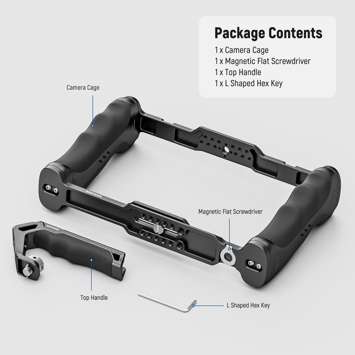 NEEWER Universal Cage Camera Cage and Top Handle with 3/8" ARRI Positioning Pin Set, Video Rig Stabilizer with Arca Base, Two Handles, Compatible with SmallRig Accessories, CA016T