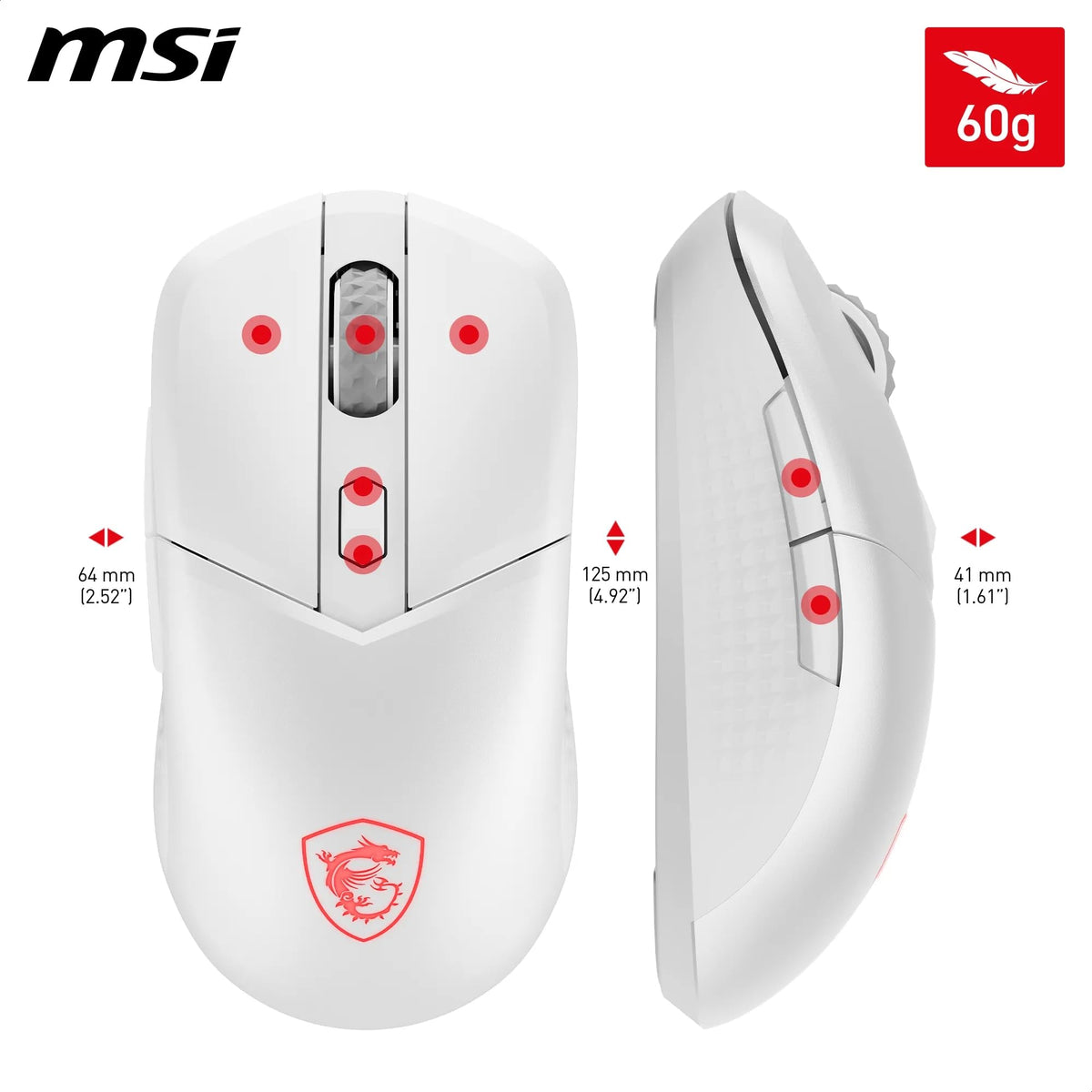 MSI Versa 300 Wireless White Gaming Mouse – 8000 DPI, symmetrical, Kailh micro switches with 30 million clicks, 6 buttons, 50 hours battery life, 1 ms latency, RGB, 60 g – wired/wireless - S12-4301440-CLA