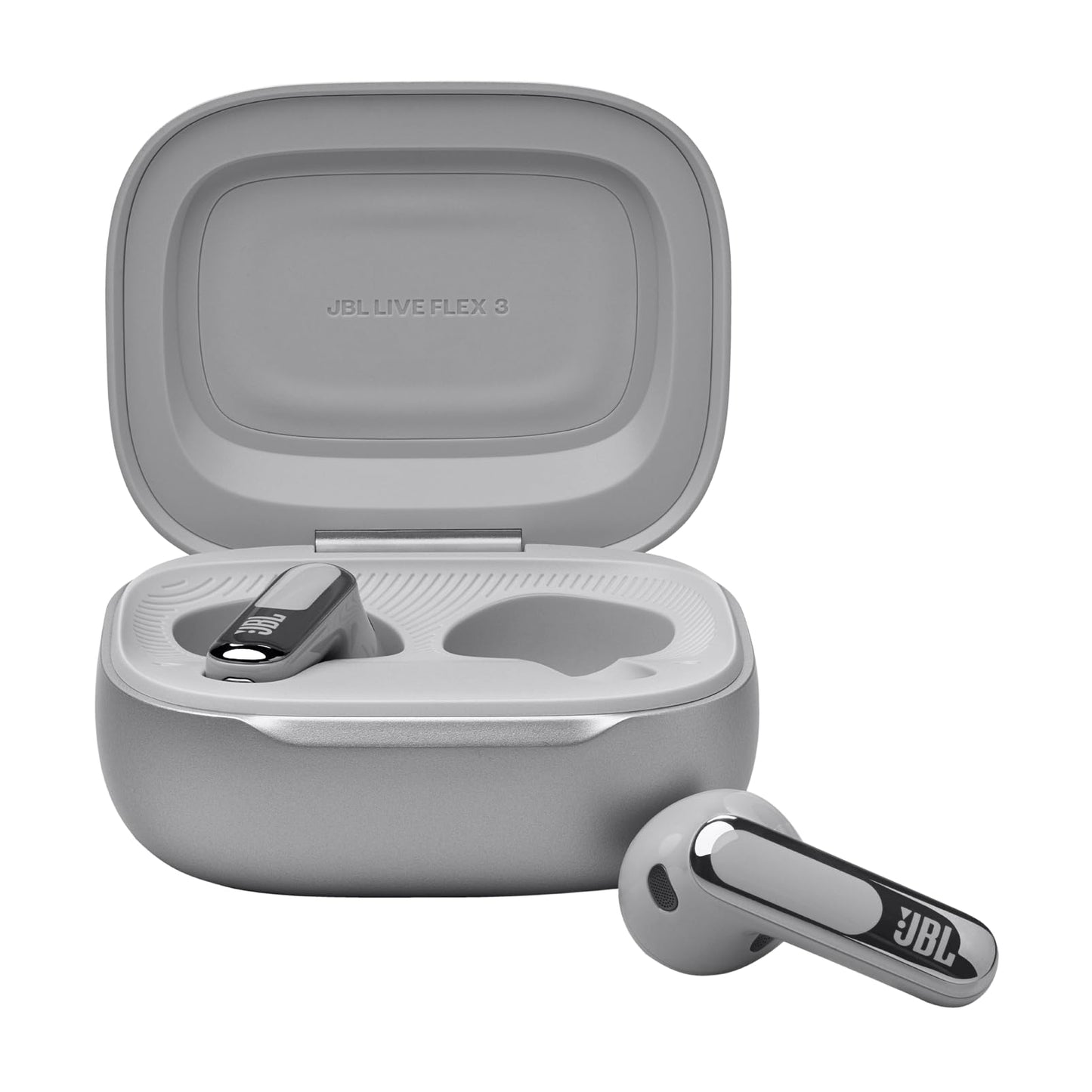 JBL Live Flex 3, wireless earbud headphones with Bluetooth, 50 hours of battery life, True Adaptive Noise Canceling and high-resolution JBL Signature Sound, IP54 waterproof, with earplugs, silver - JBLLIVEFLEX3SIL