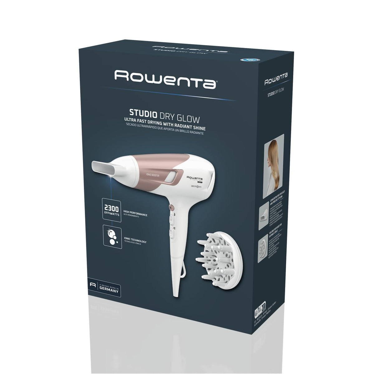 Rowenta Studio Dry Glow Hair Dryer, 2100 Watts, Hairdryer with Diffuser for Curls, 3 Temperature and 2 Speed Settings, Ion Function, Cool Air Button, White/Rose Gold, CV5830