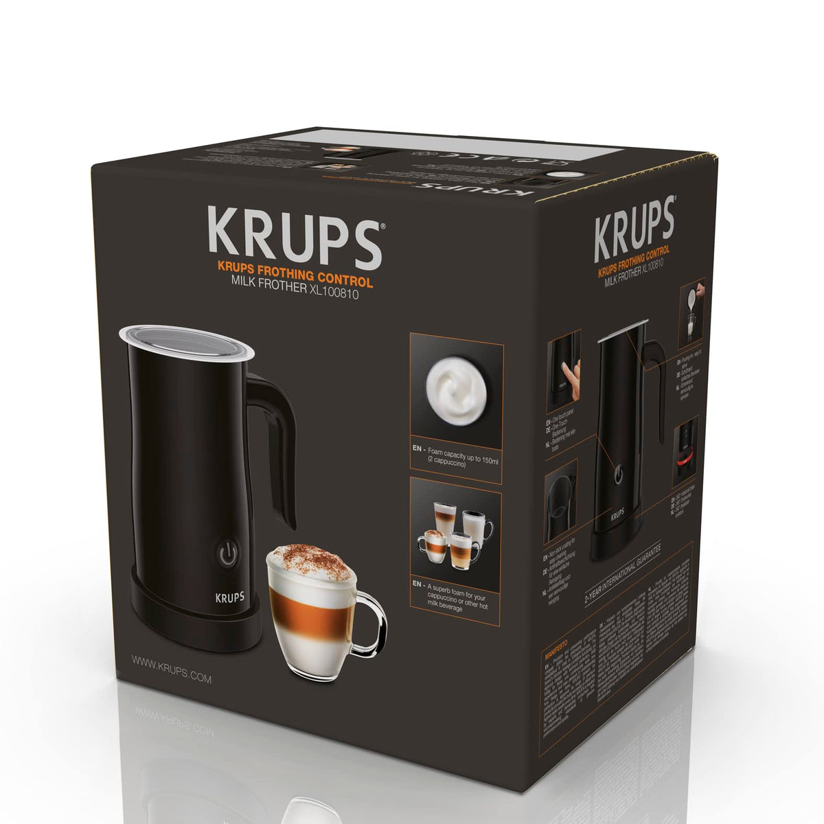 Krups electric milk frother, up to 150 ml frothing capacity, one-touch operation, easy cleaning thanks to non-stick coating, automatic shut-off, milk frother, black, XL1008