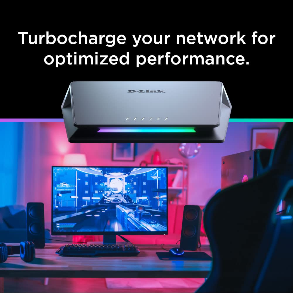 D-Link DMS-106XT 6-Port Multi-Gigabit Unmanaged Switch (5 x 2.5 Gigabit Ethernet, 1 x 10 Gigabit Ethernet, RGB lighting in Turbo Mode, aluminum housing, fanless, IGMP Snooping, Port-Base QoS)