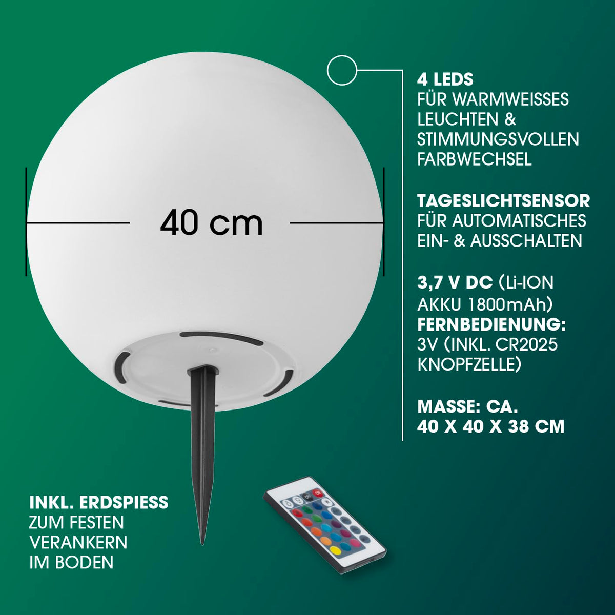 EASYmaxx LED solar light ball 40 cm | Solar light - atmospheric color change for beautiful lighting effects indoors and outdoors Solar light including remote control | Solar light LED + 5 light modes - 19660