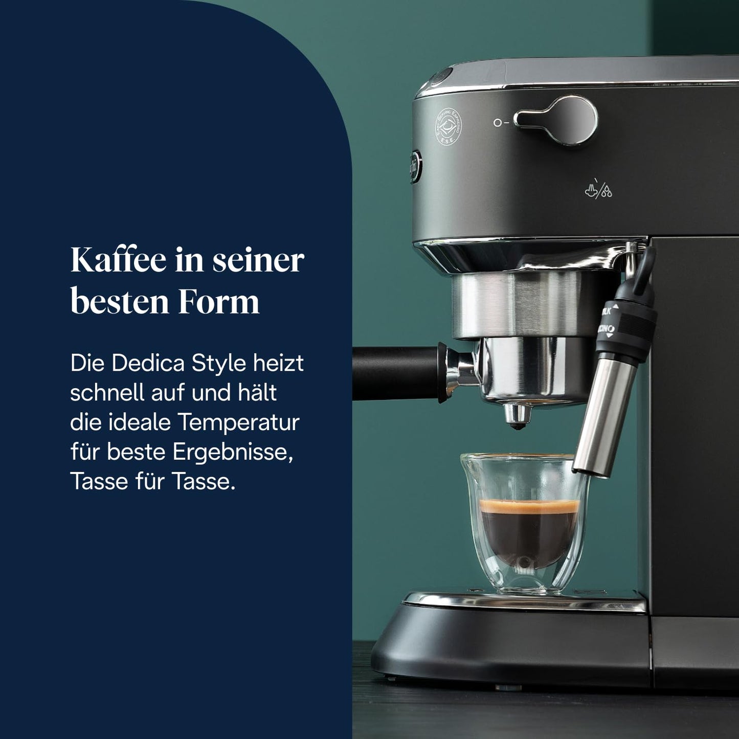 De'Longhi Dedica Style - Perfetto compact portafilter machine espresso machine with buttons, manual milk frother for espresso and cappuccino, ESE pad suitable, 15cm wide, black (EC685.BK) - 0132106170