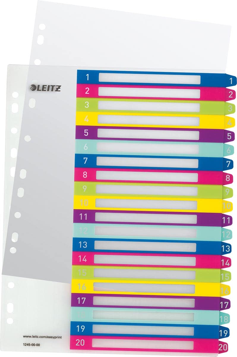 Leitz register for A4, pack of 6, PC-writable cover sheet and 20 dividers, tabs with numbers printed 1-20, extra width, multi-colored, polypropylene, WOW, 12450000 - 12450000-6