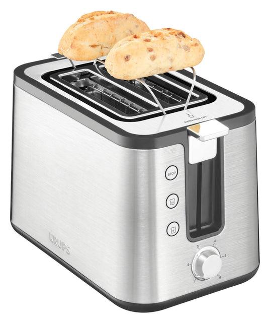 Krups KH442D Control Line Premium Toaster, stainless steel, 2 short slots for 2 slices, bun warmer, 6 browning levels, 850 W, 23.6 x 32.4 x 20.2 cm, silver/black