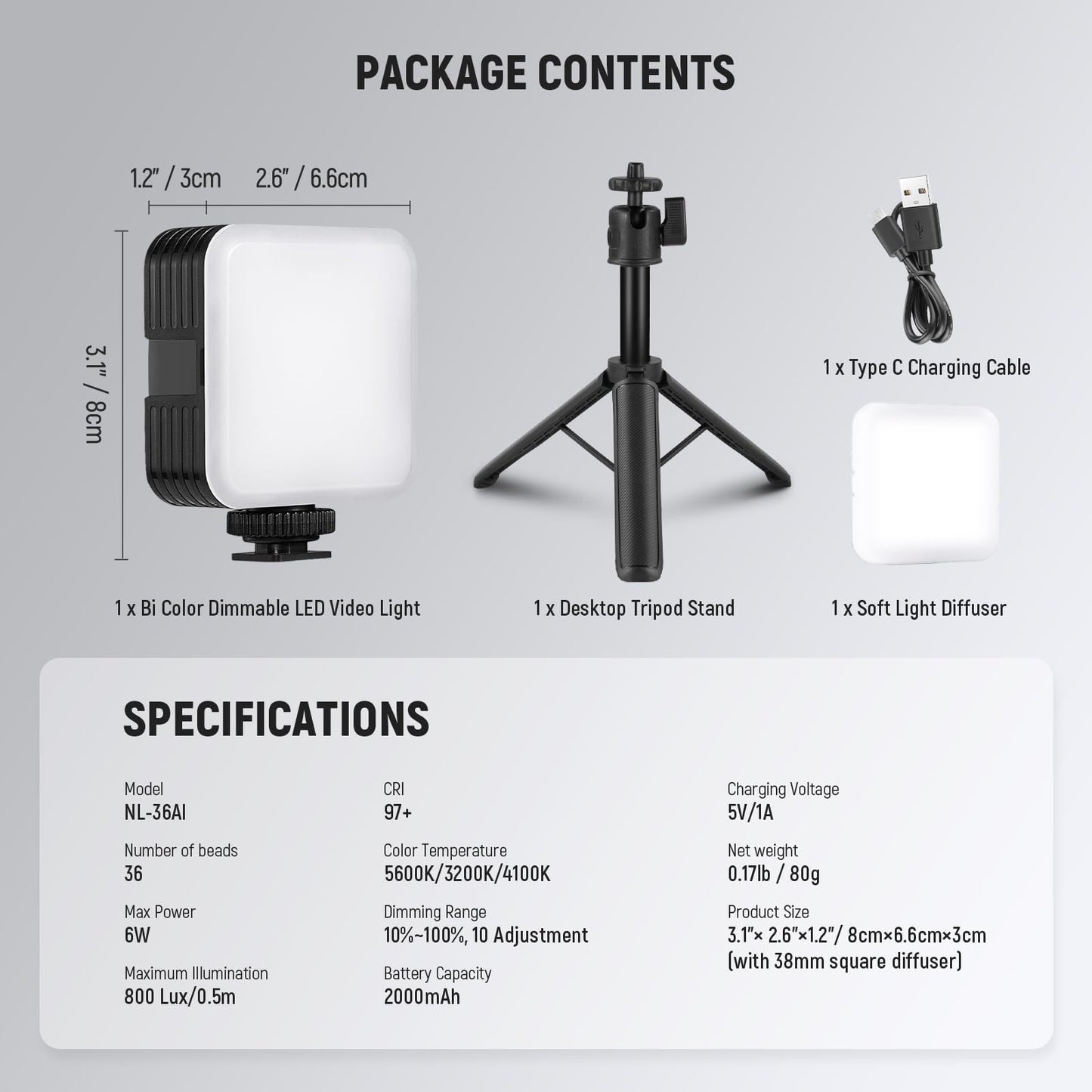 NEEWER LED camera video light with table tripod, portable two-tone 3200K-5600K dimmable small panel studio lighting, CRI 97+, 8 scenes, 2000mAh rechargeable battery for vlog recording, NL-36AI