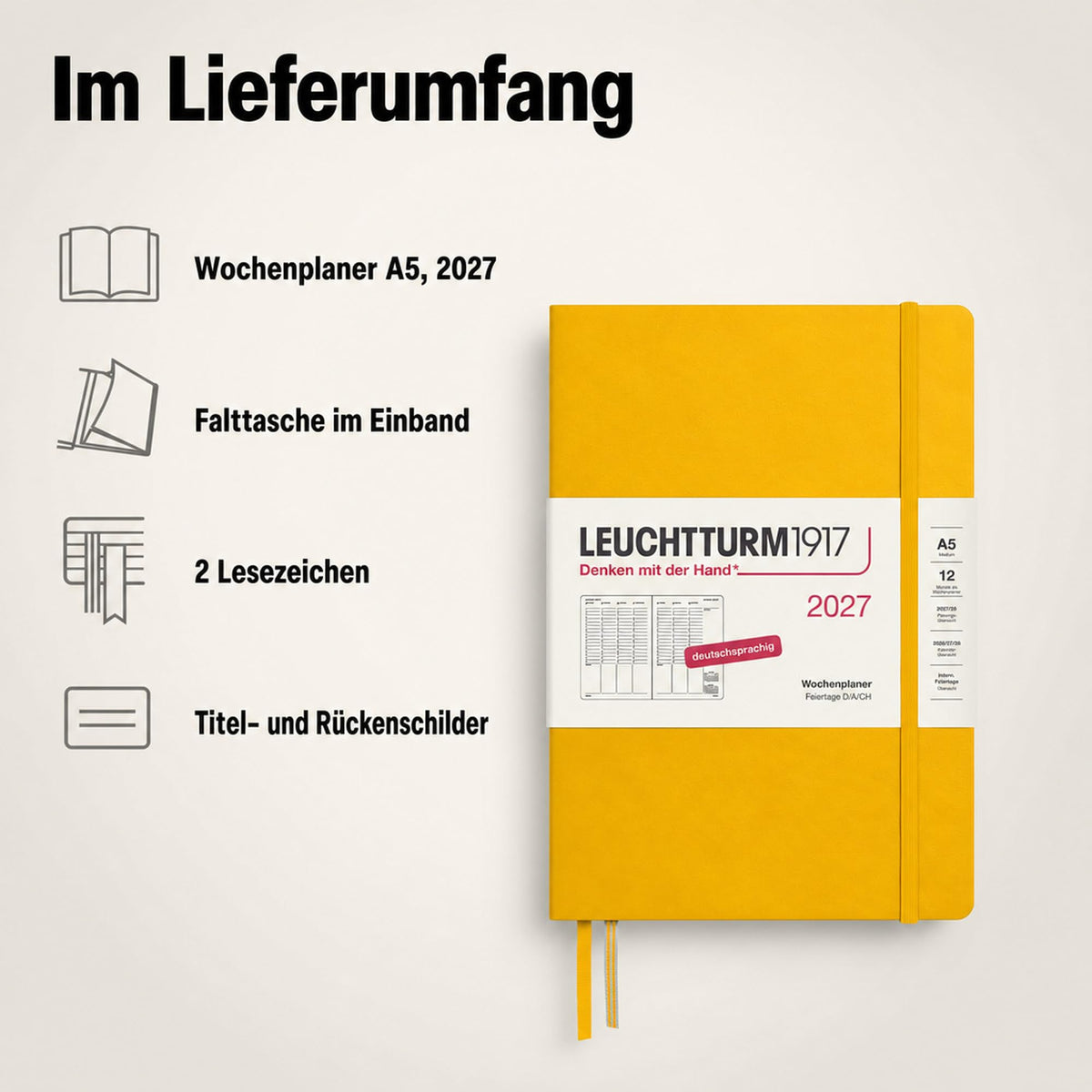 LEUCHTTURM1917 Weekly Planner 2027 Medium (A5) - German, Sunflower, 210 x 145 mm, January-December (12 months), weekly overview with hourly grid 7:00-22:00 per column, hardcover, 80 g/m² paper - 400148