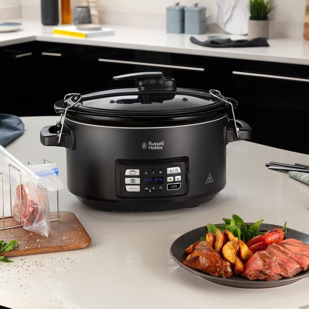 Russell Hobbs 3-in-1 Multi Cooker [Slow Cooker, Sous Vide, Roaster + Core Temperature Sensor] features a heavy 6.5L ceramic cooking pot for optimal temperature distribution (digital display/timer, temperature indicator) 25630-56.