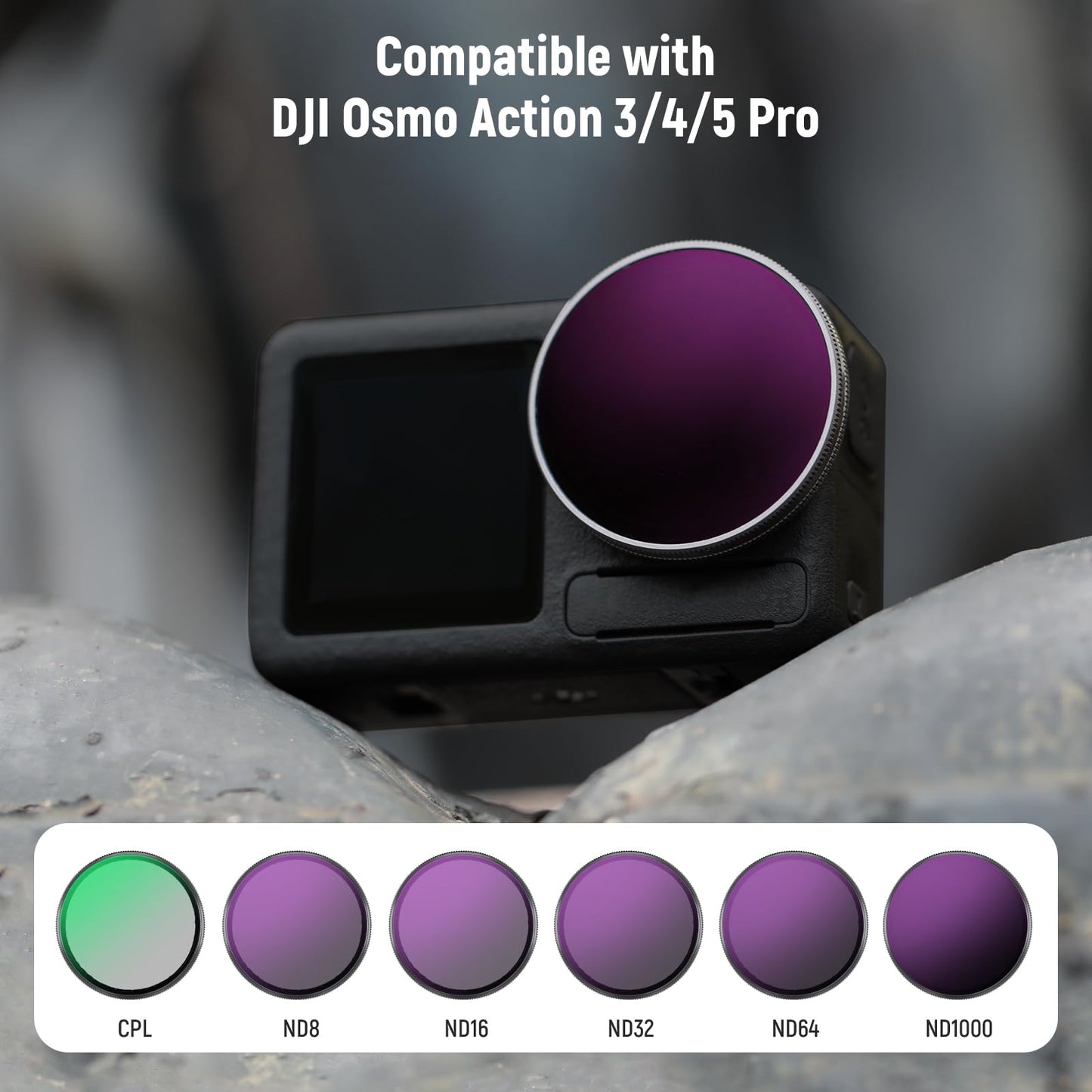 NEEWER ND filter set compatible with DJI Osmo Action 3/4/5 Pro, pack of 6 ND8+ND16+ND32+ND64+ND1000+CPL gray filter action camera accessories, multi-coated optical HD glass, FL-A78