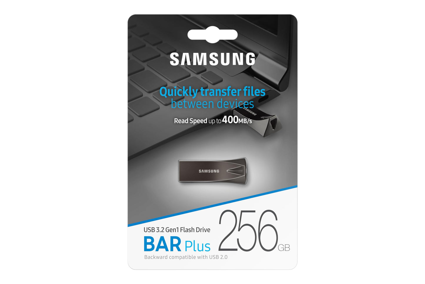 Samsung BAR Plus USB Flash Drive Type-A, 256GB, 400MB/s Read, 110MB/s Write, Durable USB 3.1 Memory Stick with Key Ring, Titan Gray, MUF-256BE4/APC
