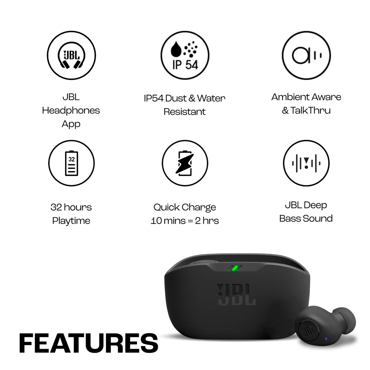 JBL Wave Buds – Wireless in-ear headphones with IP54 and IPX2 water resistance – Powerful bass and 32 hours of battery life – Black - JBLWBUDSBLK