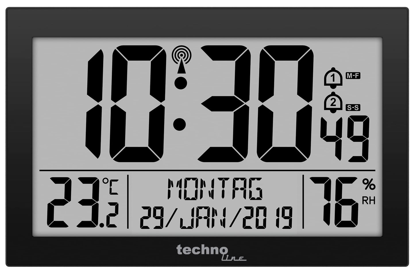 Technoline WS 8016 digital radio wall clock with DCF radio clock | Temperature & Humidity | 2 alarms | Calendar | large LCD display | Wall or table clock | black - WS8016SCHWARZ