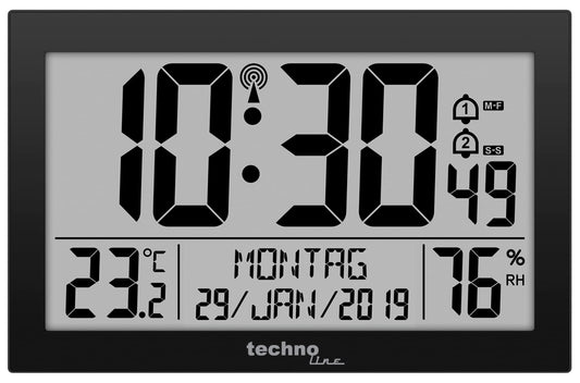 Ceas de perete digital cu radio Technoline WS 8016 cu ceas radio DCF | Temperatură și umiditate | 2 alarme | Calendar | afișaj LCD mare | Ceas de perete sau de masă | negru - WS8016SCHWARZ