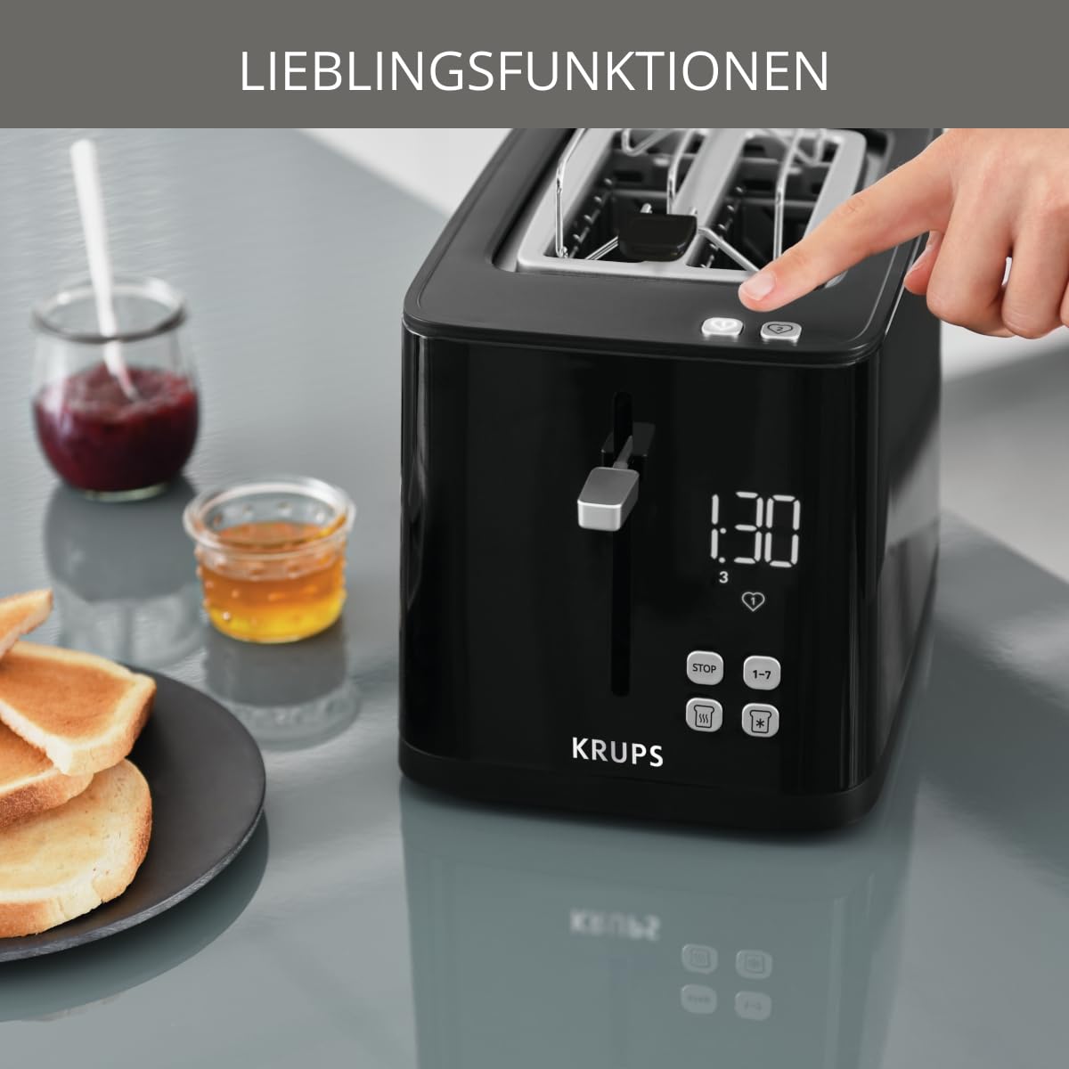 Krups KH641810 Smart'n Light Toaster, toaster cu două felii, display digital, 7 niveluri de rumenire, sertar pentru firimituri detașabil, cronometru, dispozitiv de ridicare, negru