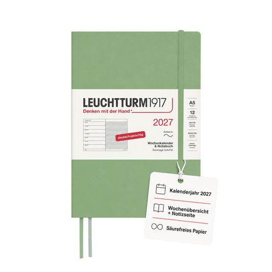 LEUCHTTURM1917 weekly calendar 2027 medium (A5) with notebook - appointment planner German, sage, soft cover, January-December 2027, weekly overview on the left + note page on the right - 400071