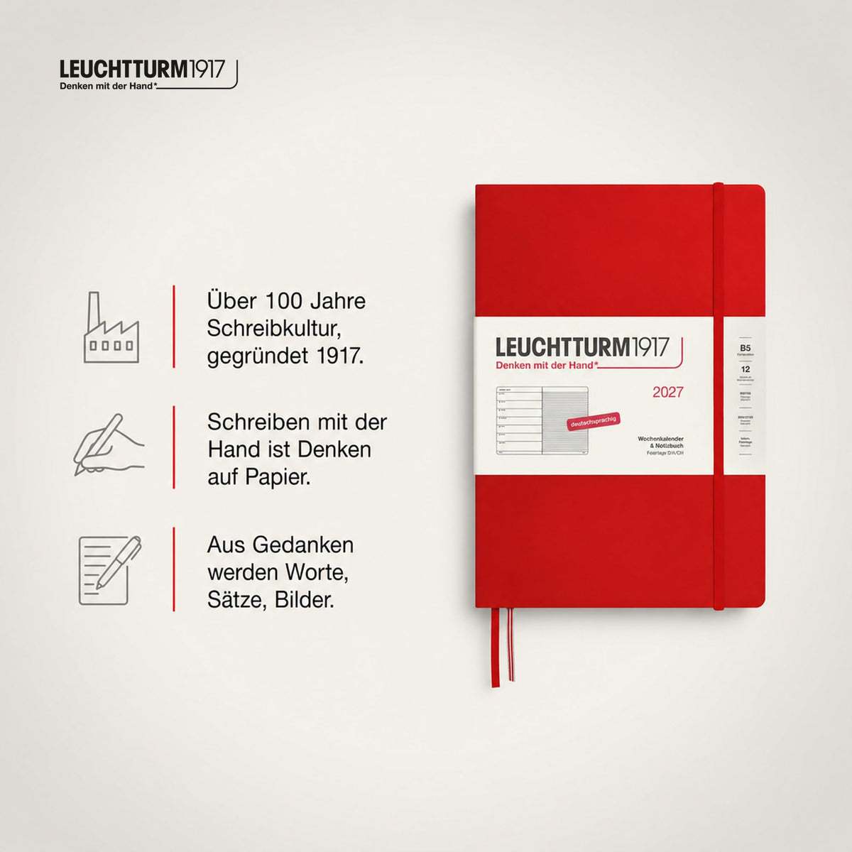 LEUCHTTURM1917 Calendar săptămânal 2027 Compoziție (B5) cu caiet - Planificator de întâlniri german, Cireș, ianuarie-decembrie 2027, Prezentare generală săptămânală în stânga + Pagina de note în dreapta - 400040