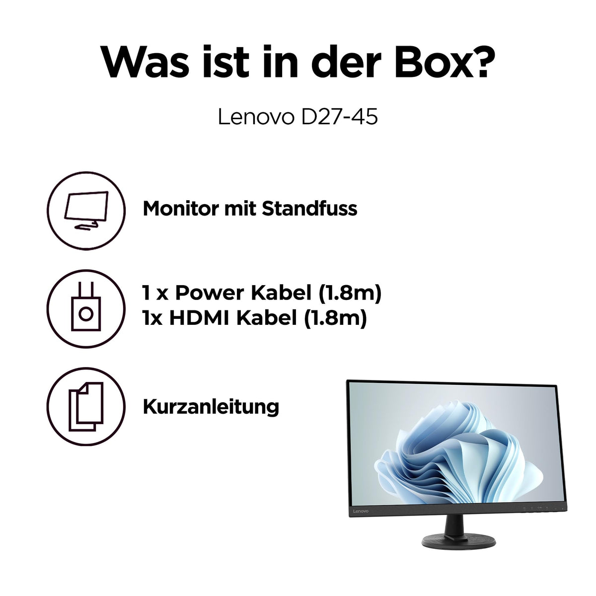 Lenovo D27-45 Monitor | 27" Full HD Monitor | 1920x1080 | 75Hz | 250 nits | 4ms response time | VA panel | HDMI | VGA | AMD Radeon FreeSync | anti-glare | 4.6kg | black - 67A5KAC6EU