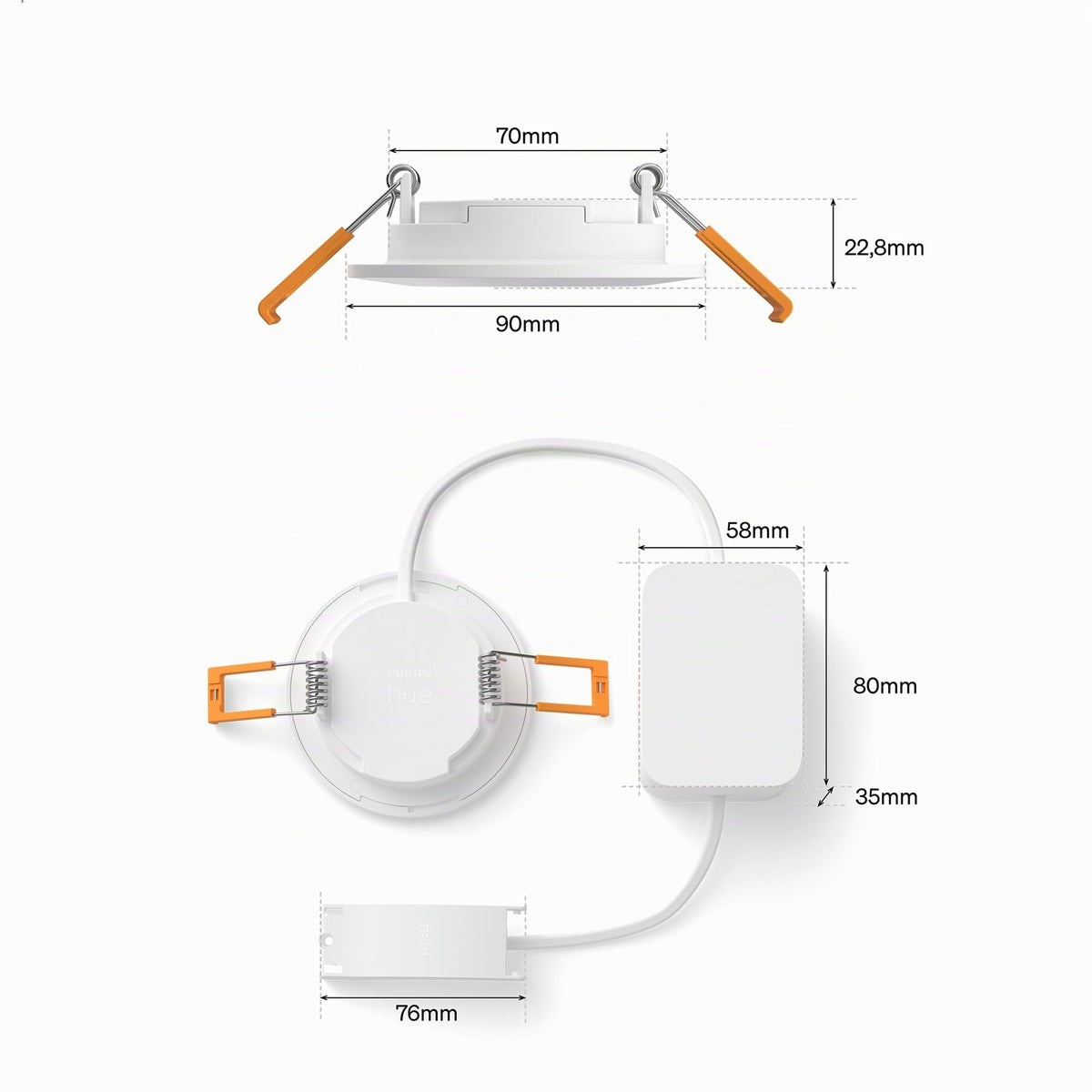 Philips Hue Slim Downlight, lampa de plafon LED, 1.000 lm, 90 mm, design subțire, lumină naturală cu spectru complet 1.000–20.000 K, dimabil extrem de fin, culoare precisă, iluminat inteligent, alb, pachet de 1 bucată - 929004291001