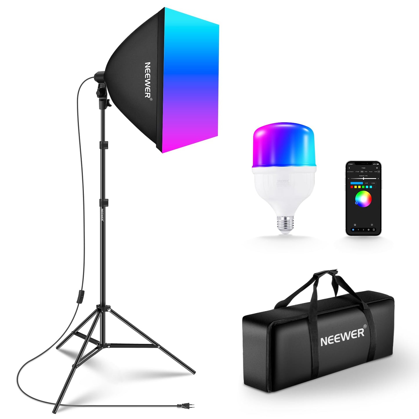 NEEWER RGB softbox lighting set with app control and 9 effect modes, 24W LED light bulb CRI93+ TLCI98+, E27 porcelain socket, 24" photo studio soft box, for studio photography video lighting, NK800 - 10104264