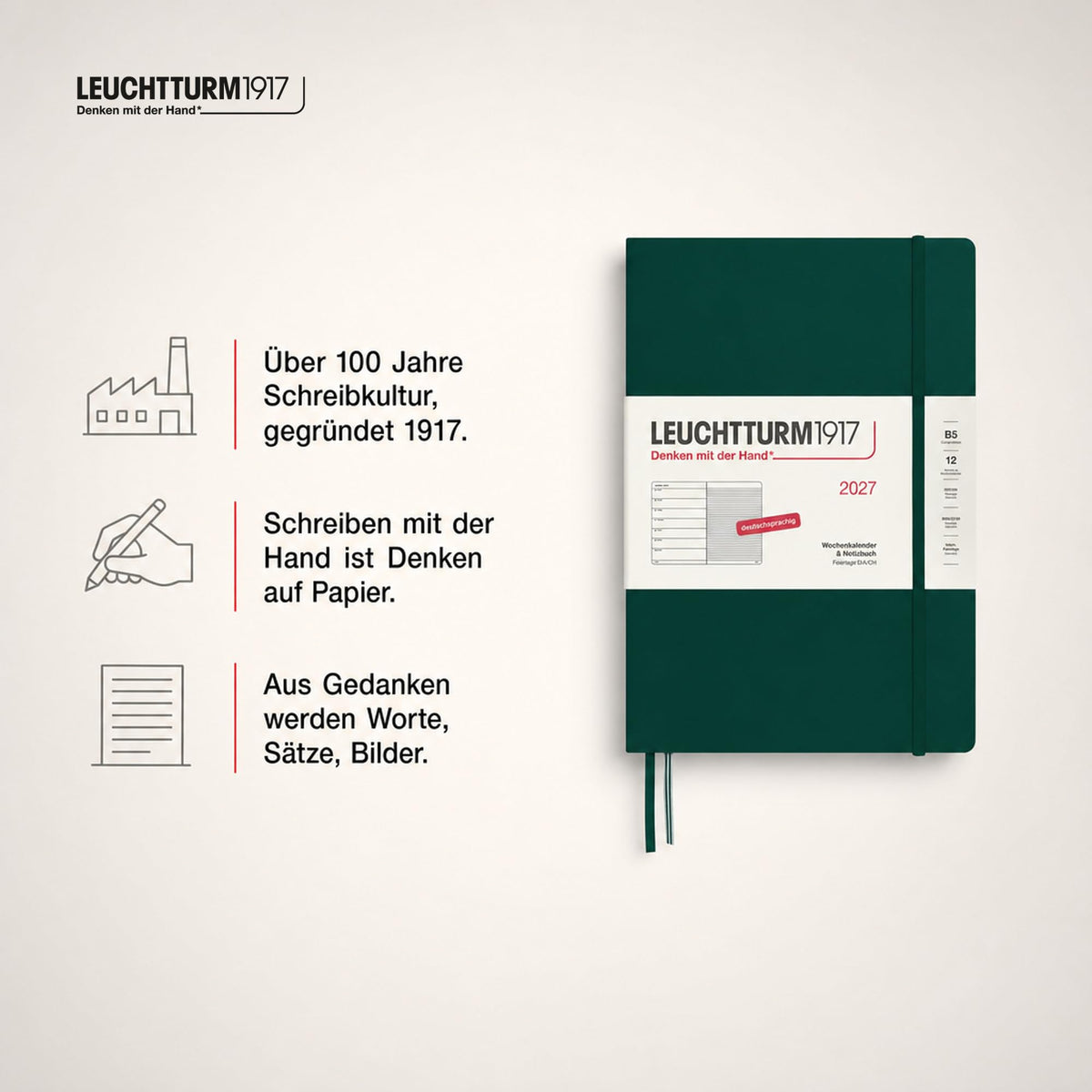 LEUCHTTURM1917 Calendar săptămânal 2027 Compoziție (B5) cu caiet - Planificator de întâlniri german, Verde pădure, ianuarie-decembrie 2027, Prezentare generală săptămânală în stânga + Pagina de note în dreapta - 400043