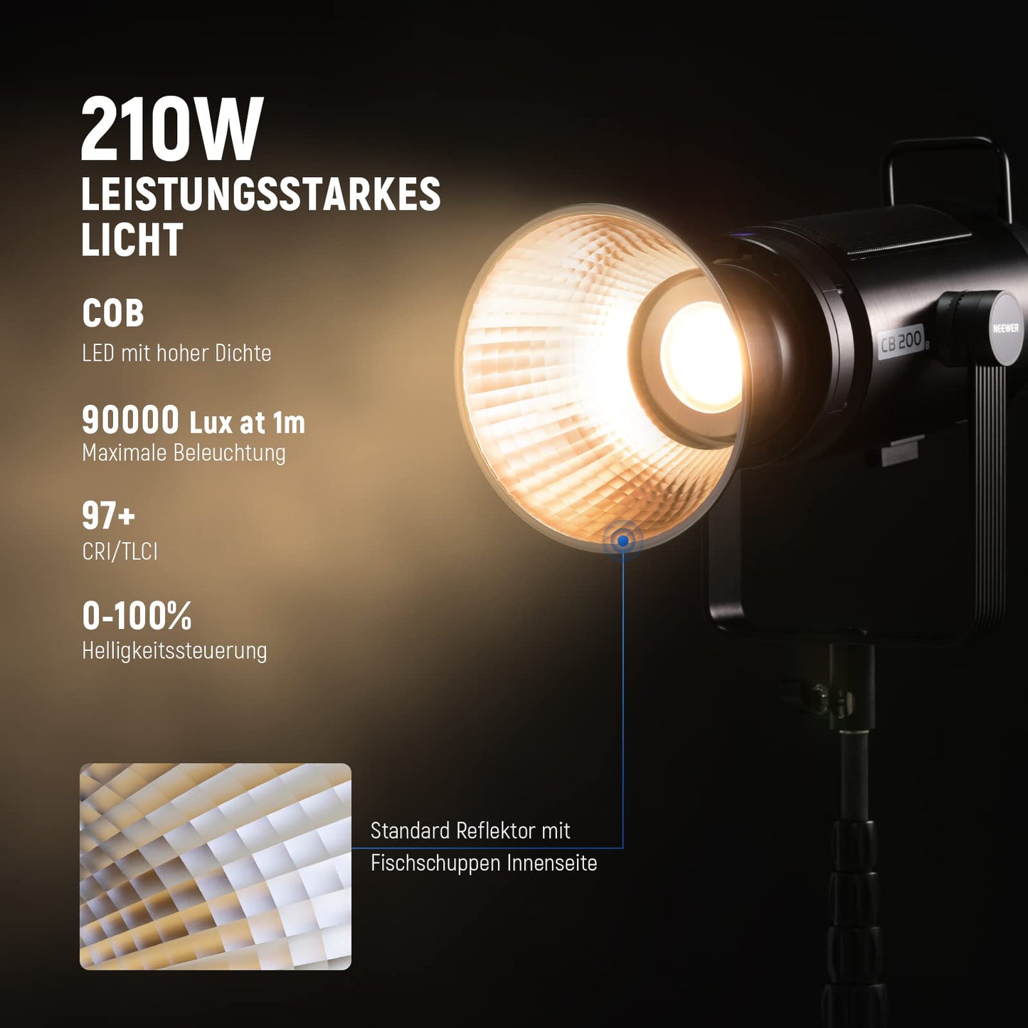 NEEWER CB200B 210W LED video light studio light with 2.4G/APP remote control, all-metal COB bi-color studio continuous light Bowens mount 90000Lux/1m 2700K-6500K CRI/TLCI97+ 12 effects for portrait