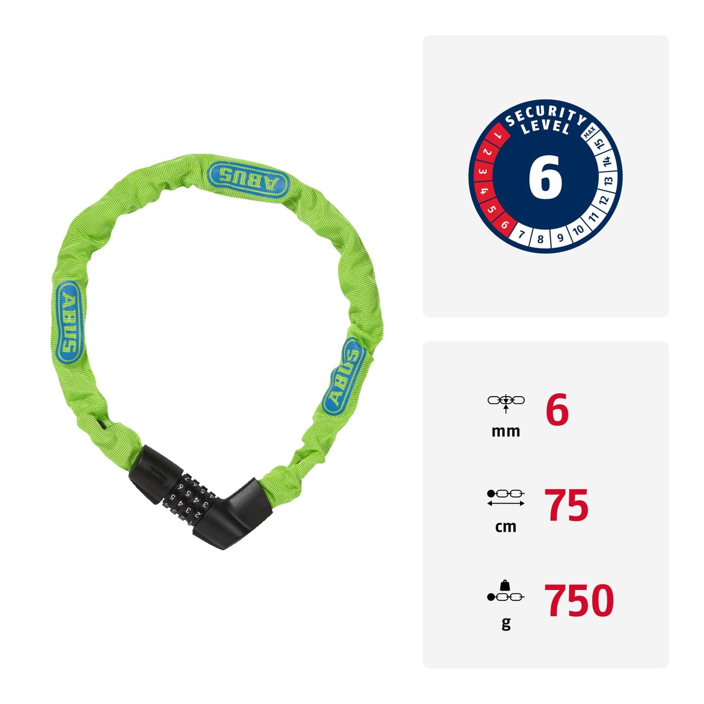 ABUS chain lock Tresor 1385/75 Neon - combination lock made of hardened steel - 6 mm thick square chain - ABUS security level 6 - 75 cm - green - 71263