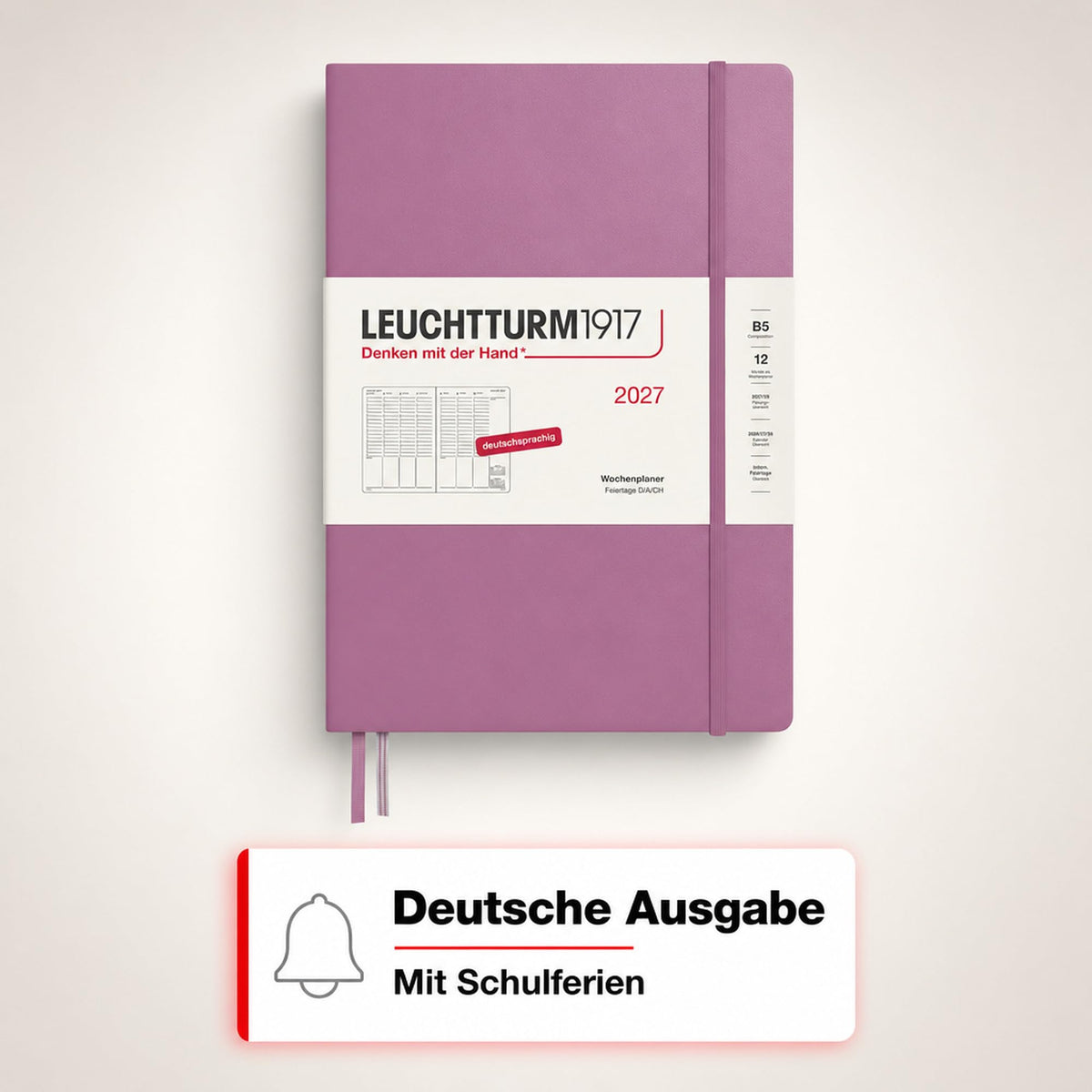 LEUCHTTURM1917 weekly planner 2027 Composition (B5) - German, Dusty Rose, 254 x 178 mm, January-December (12 months), weekly overview with hourly grid 7:00-22:00 per column, hardcover, 80 g/m² paper - 400142