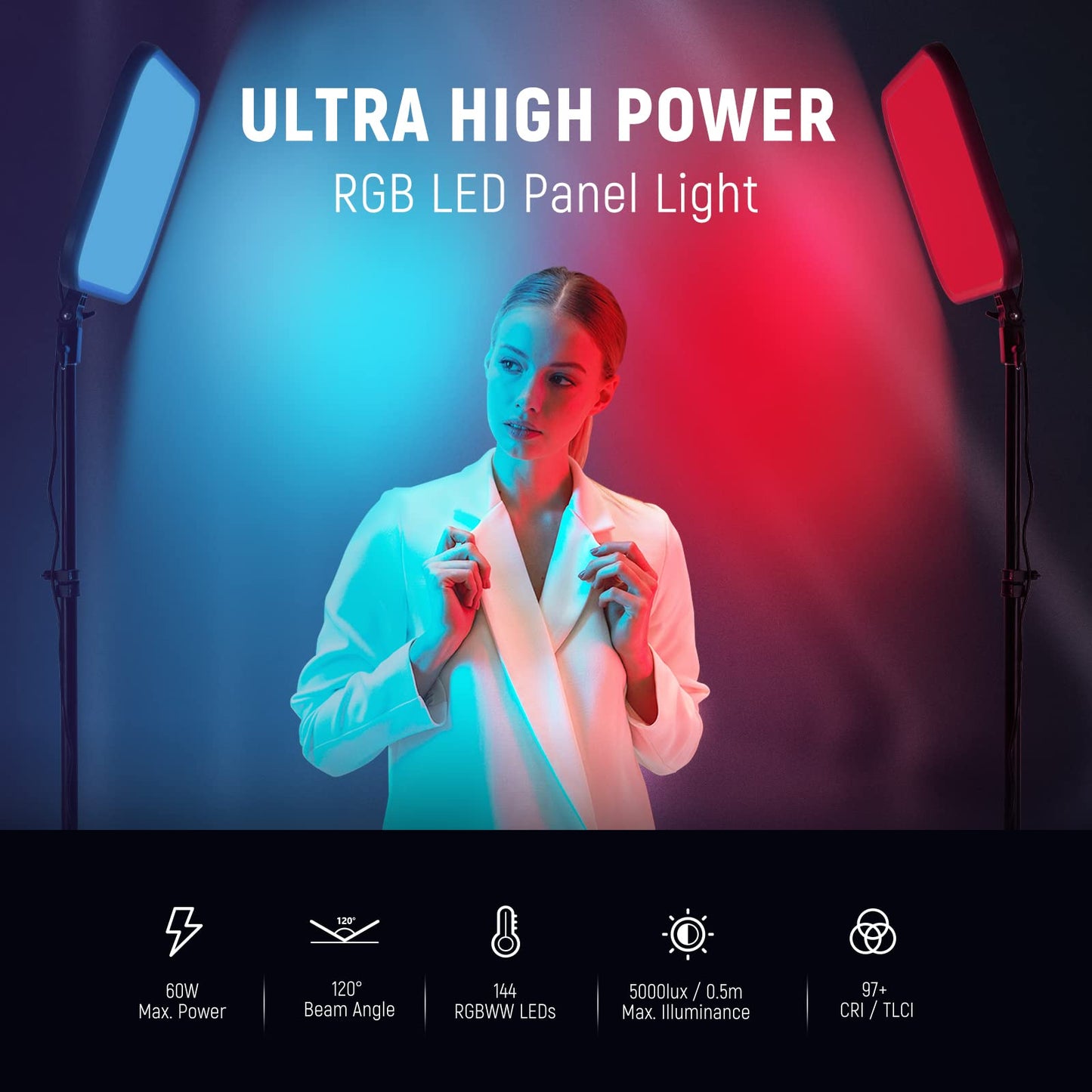NEEWER RGB168 18.3" 60W RGB LED Video Light Panel with APP Control 360° Full Color Dimmable 2500K~8500K Video Photo Light CRI/TLCI 97+ with 17 Special Scenes Effect Studio Continuous Light Photography Key Light - 10100509