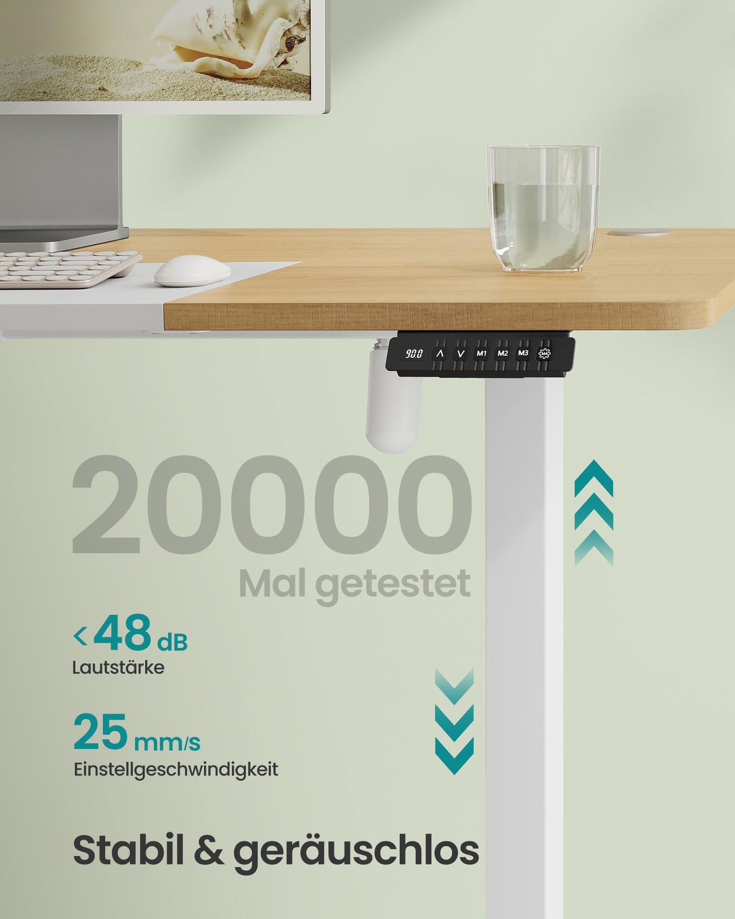 SONGMICS Electric height-adjustable desk, 140 x 60 cm, infinitely adjustable, memory function with 4 heights, natural oak color-matt white LSD016N01