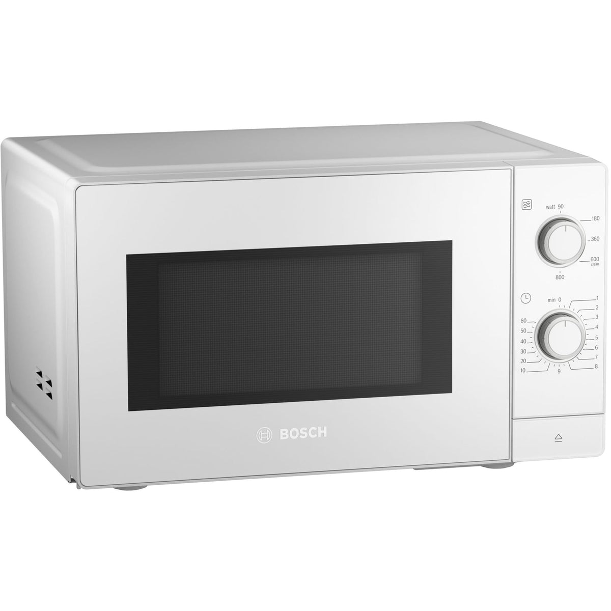 Bosch FFL020MW0 Serie 2 freestanding microwave, 26 x 44 cm, 800 W, turntable 27 cm, left door hinge, AutoPilot 7 with 7 automatic programs, cleaning assistance, LED touch display, white.