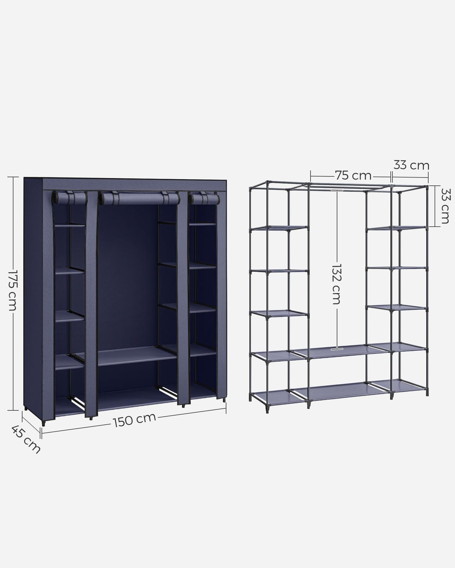 SONGMICS Wardrobe, fabric wardrobe, with non-woven fabric cover, folding wardrobe with clothes rail, 45 x 150 x 175 cm, 12 shelves, metal frame, wardrobe for bedroom, navy blue LSF003I02 - 0194343040943
