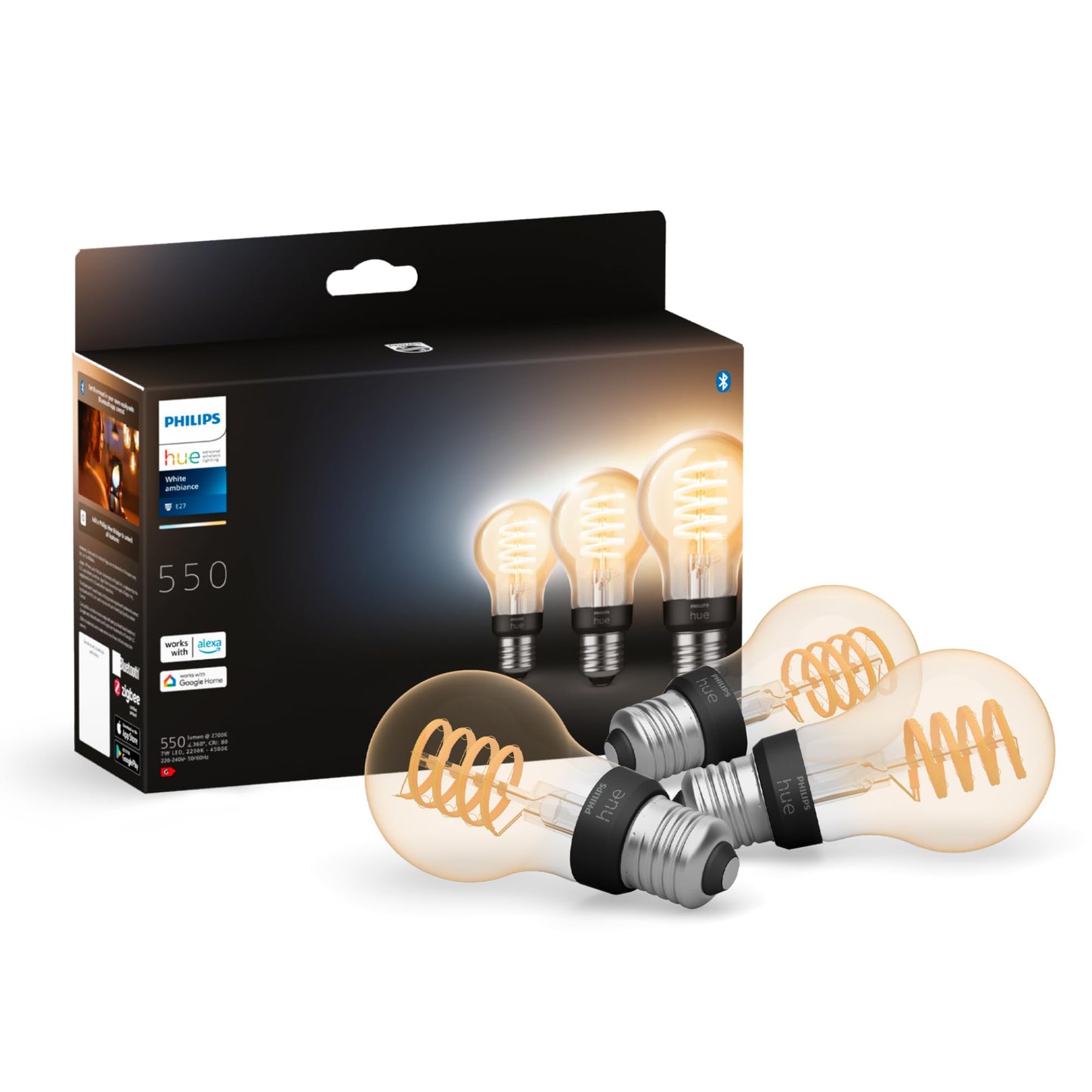 Philips Hue White Ambience E27 Standard Filament, 7W, dimmable, warm to cool white light, compatible with Amazon Alexa (Echo, Echo Dot), pack of 3 - 929002477504