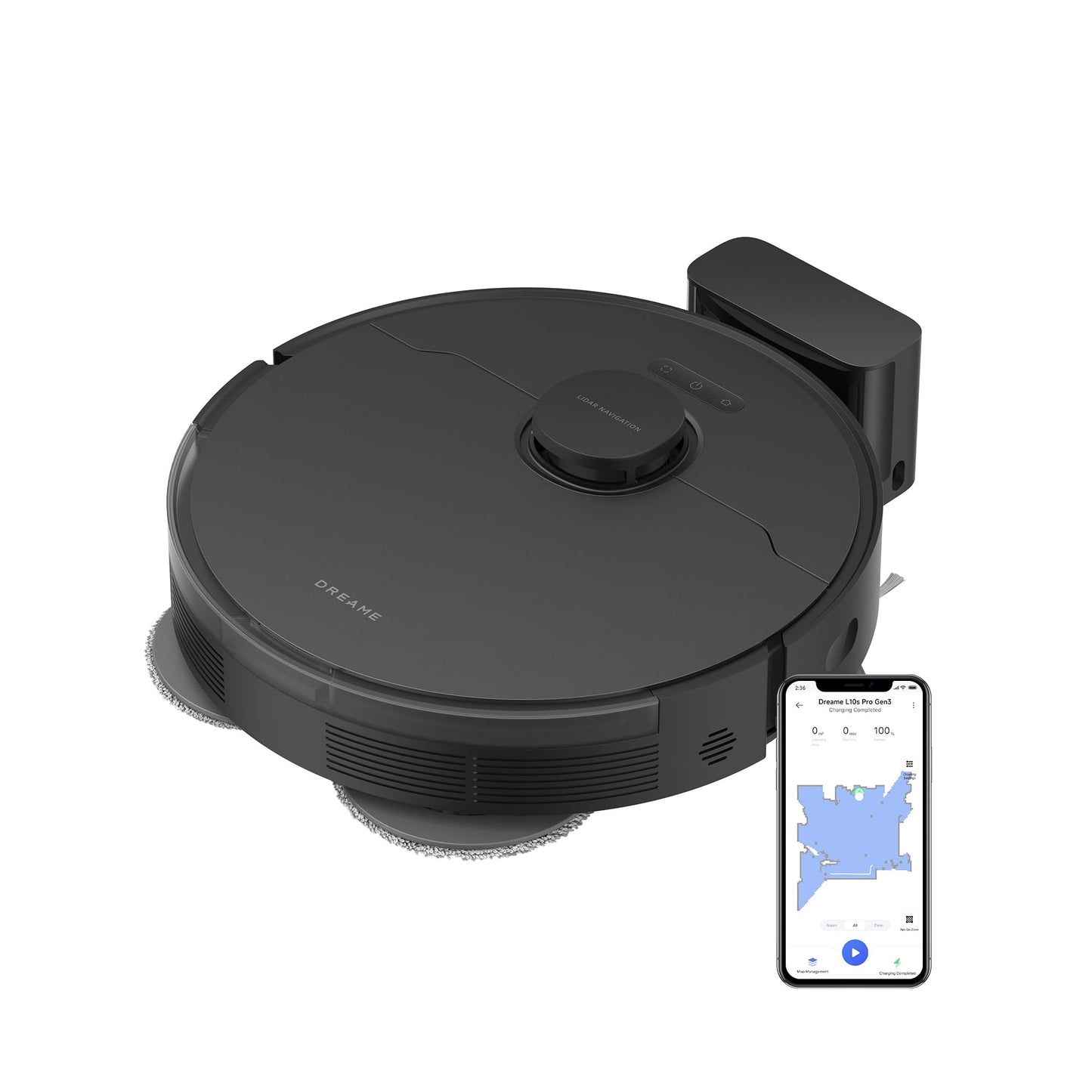 DREAME L10s Pro Gen3, intelligent vacuum and mopping robot, Vormax suction power with 13,000 Pa, DuoScrub mopping system, automatic mop lifting by 7 mm, powerful carpet cleaning, 5,200 mAh battery, black - RLL42SDA
