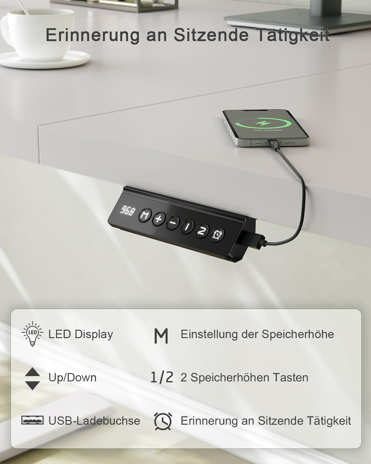 JUMMICO Birou reglabil pe înălțime cu port de încărcare USB, birou reglabil electric 140 x 60 cm, masă de lucru stând-așezat, birou ergonomic, masă de calculator reglabilă, birou în picioare, gri - 0403
