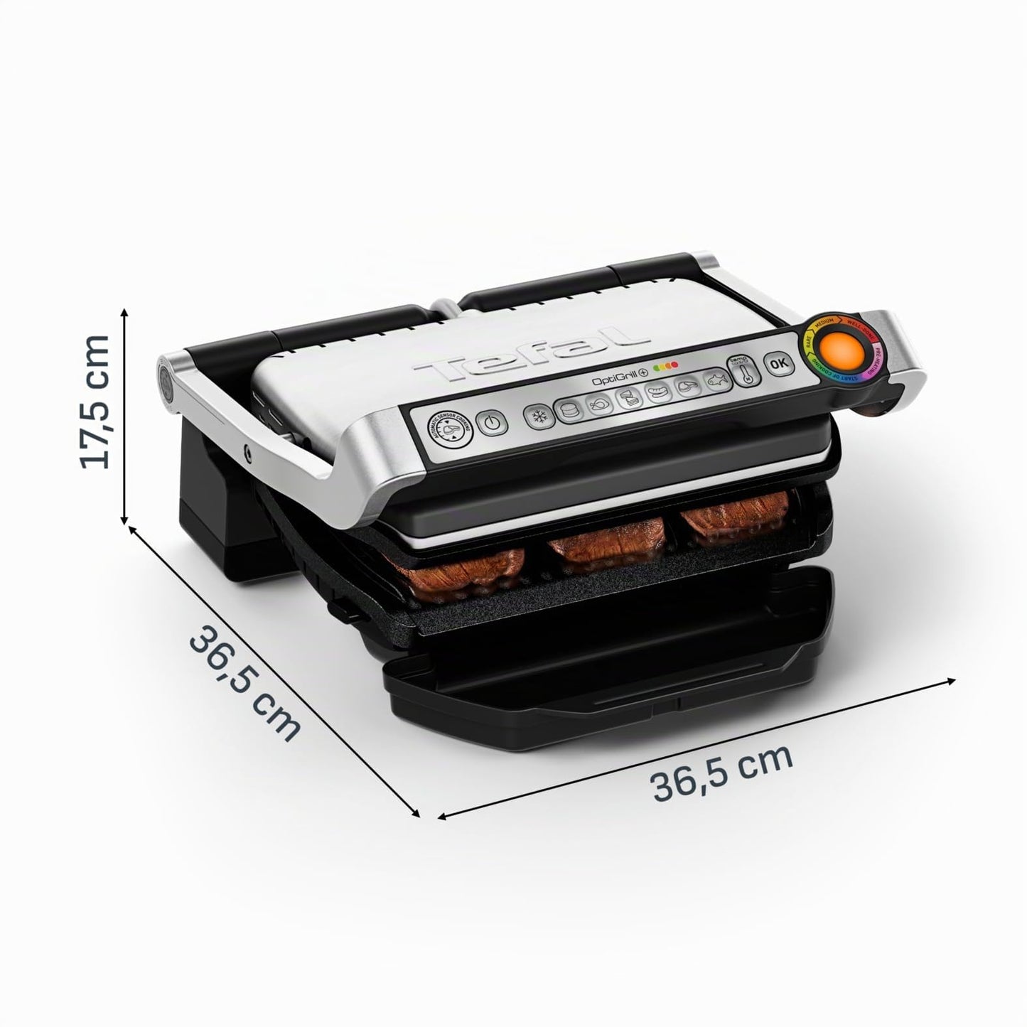 Tefal OptiGrill+ contact grill, 6 programs, cooking level display, removable plates, manual mode, optimal grilling results thanks to thickness measurement, electric grill, stainless steel, GC712D12