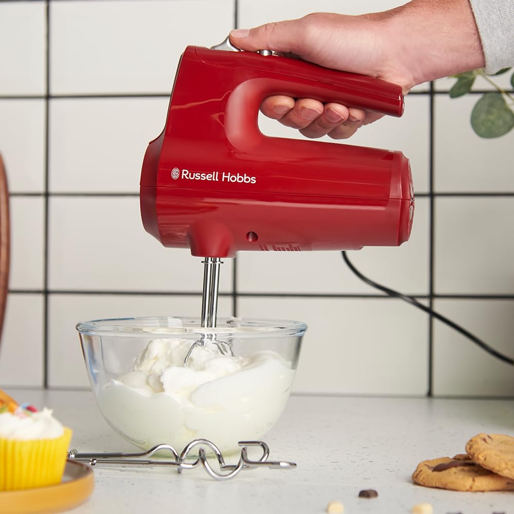 Russell Hobbs Hand Mixer, Red, 350 Watt, with Whisk and Dough Hooks - 27152-56
