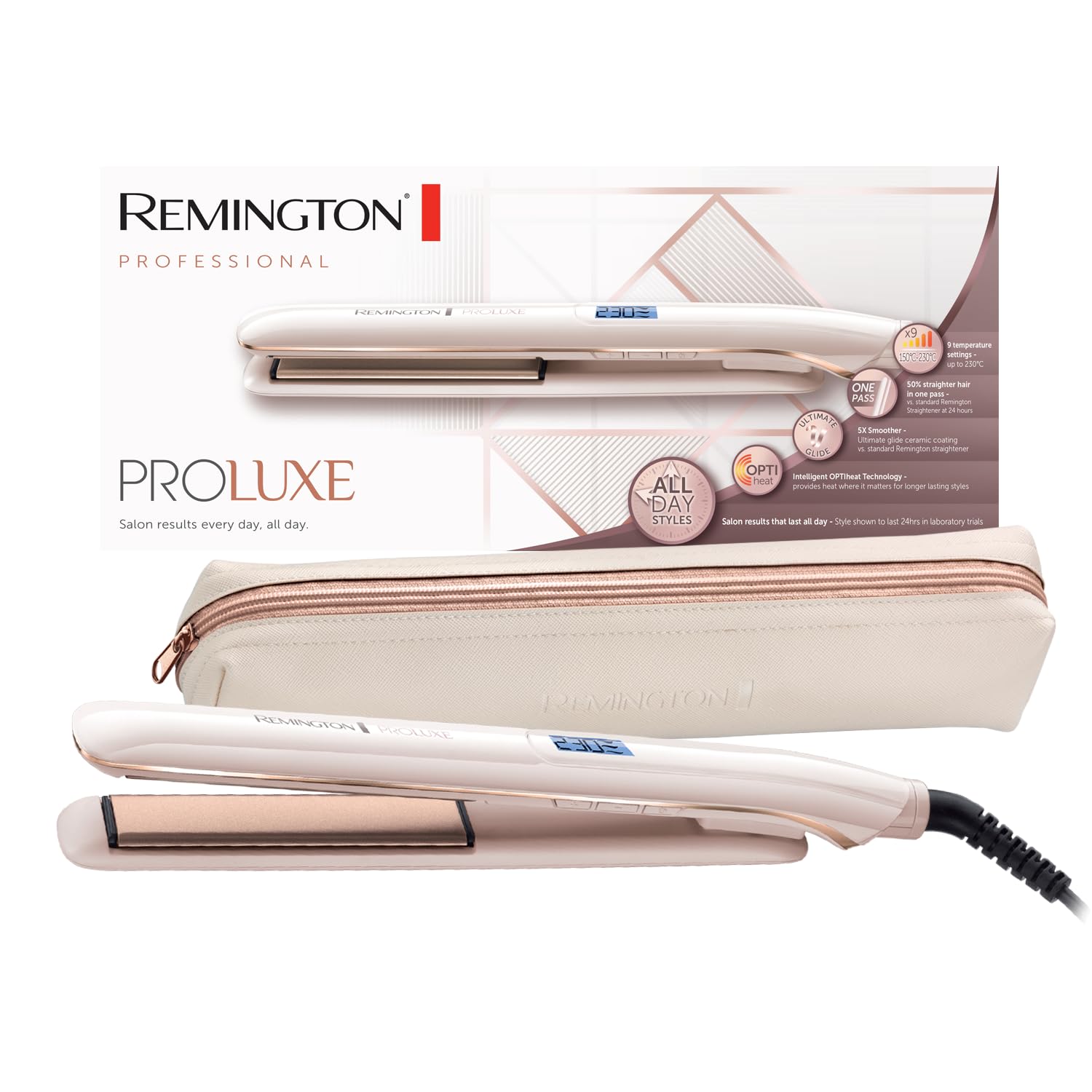 Remington straightener PROluxe (OPTIheat technology for long-lasting styling results in just one move & Ultimate Glide ceramic coating) LCD display, 150-230°C, hair straightener S9100