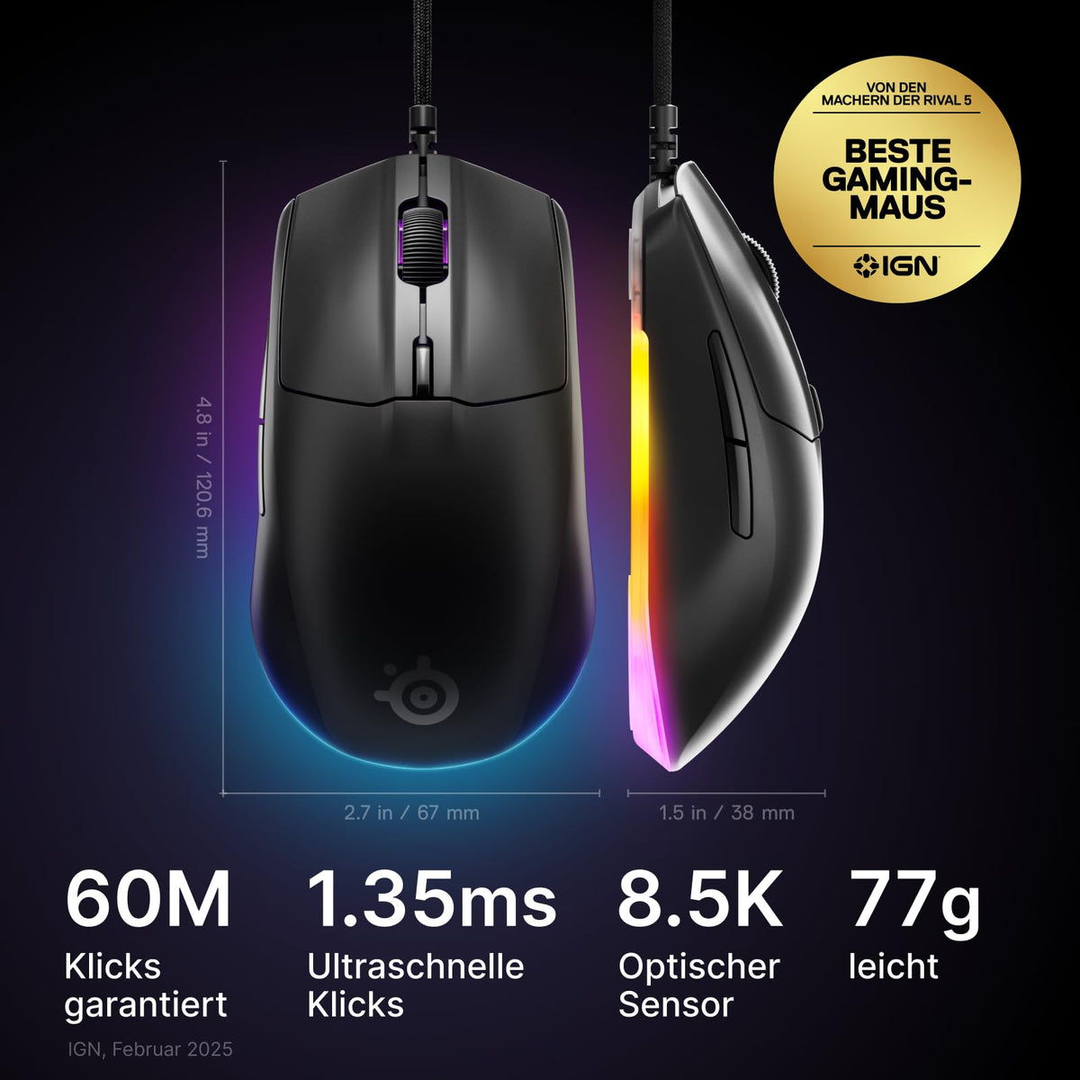 SteelSeries Rival 3 Gen 2 Mouse de gaming - 8.500 DPI TrueMove Core senzor optic - 60 milioane de clicuri garantate - latență redusă - 77 g greutate - picioare PTFE - RGB - Negru - 62515