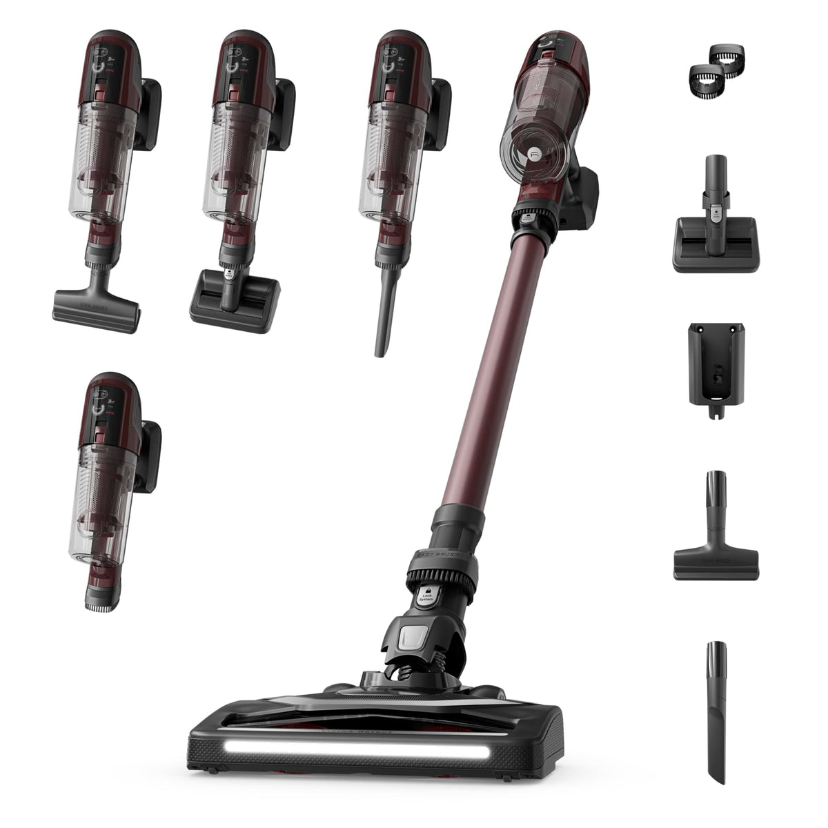 Rowenta X-Pert 6.80 aspirator vertical fără fir cu acumulator, putere de 100 AW, autonomie de până la 60 de minute, duză LED, cântărește doar 1,4 kg ca aspirator de mână, inclusiv accesorii pentru părul de animale, roșu vin, RH6483E0