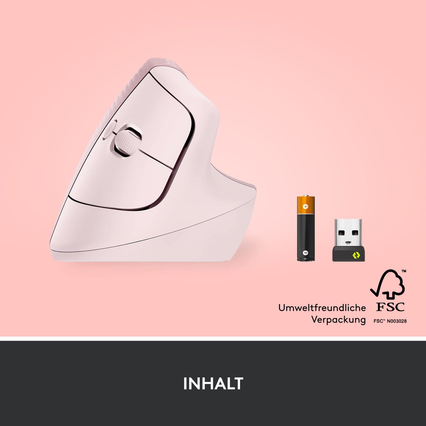 Logitech Lift Vertical Ergonomic Mouse, Wireless, Bluetooth or Logi Bolt USB Receiver, Quiet Clicks, 4 Buttons, Compatible with Windows/macOS/iPadOS, Laptop, PC - Pink - 910-006478