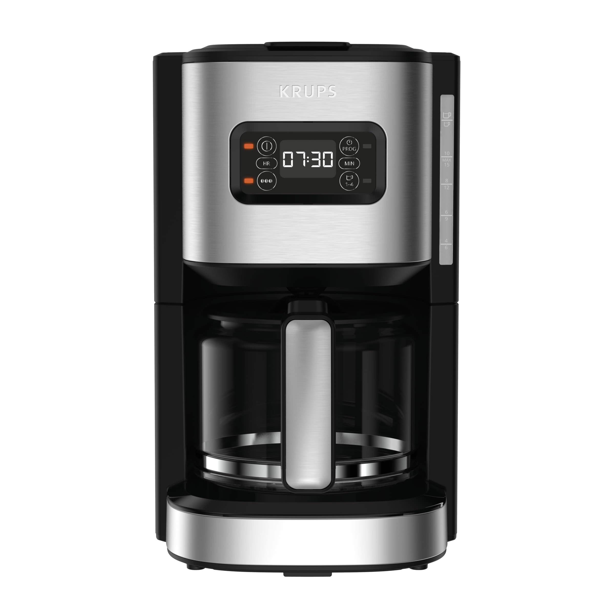 Krups KM480D Excellence Stainless Steel Programmable Filter Coffee Machine, 24-hour timer, brew strength selection water head, pre-infusion mode, anti-drip system, 1.25 L capacity, 15 cups - KM480D10