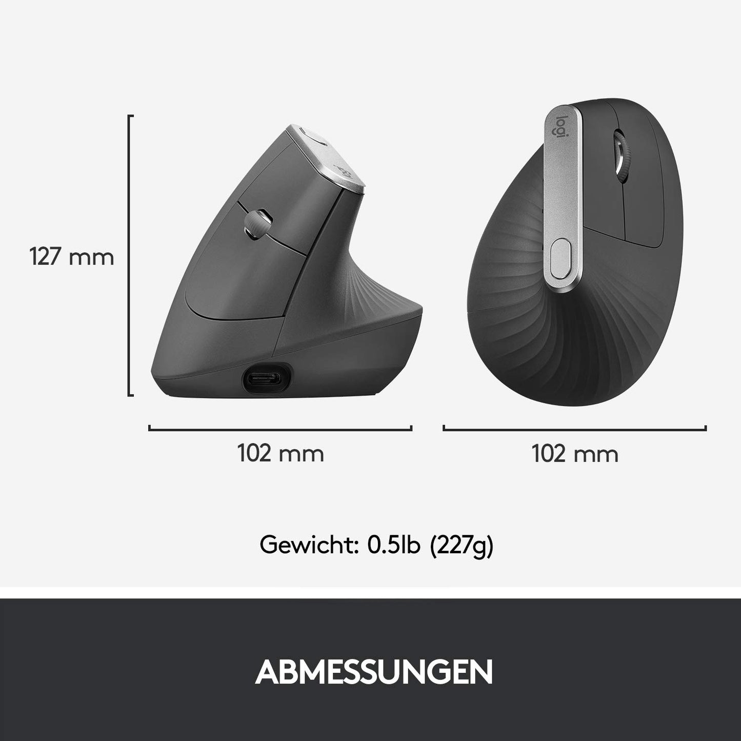 Logitech MX Vertical, ergonomic wireless mouse, Bluetooth and 2.4 GHz connection via Unifying USB receiver, 4000 DPI sensor, rechargeable battery, 4 buttons, multi-device, PC/Mac/iPadOS - graphite - 910-005448