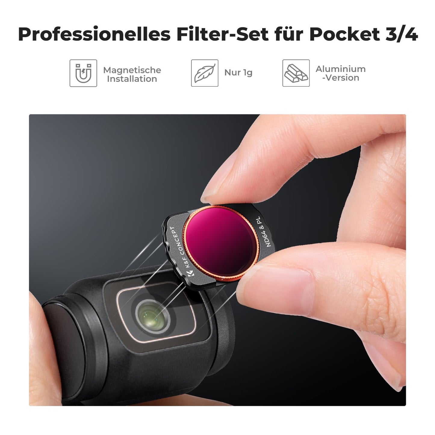 K&F CONCEPT magnetic filter set, compatible with DJI OSMO Pocket 4/3, pack of 6 UV, CPL, ND16/PL, ND32/PL, ND64/PL, ND256/PL filters, Osmo Pocket 4/3 accessories (aluminum frame) - SKU.2149