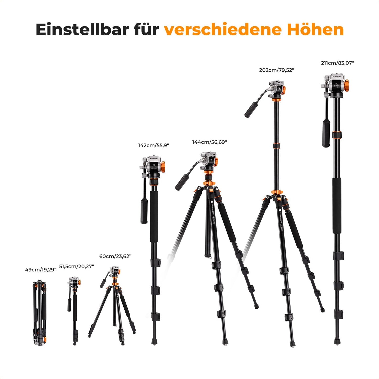 K&F CONCEPT black-orange video tripod video tripod with fluid head, 200cm tripod for on the go, with removable monopod, aluminum travel tripod K234A7+FH-03