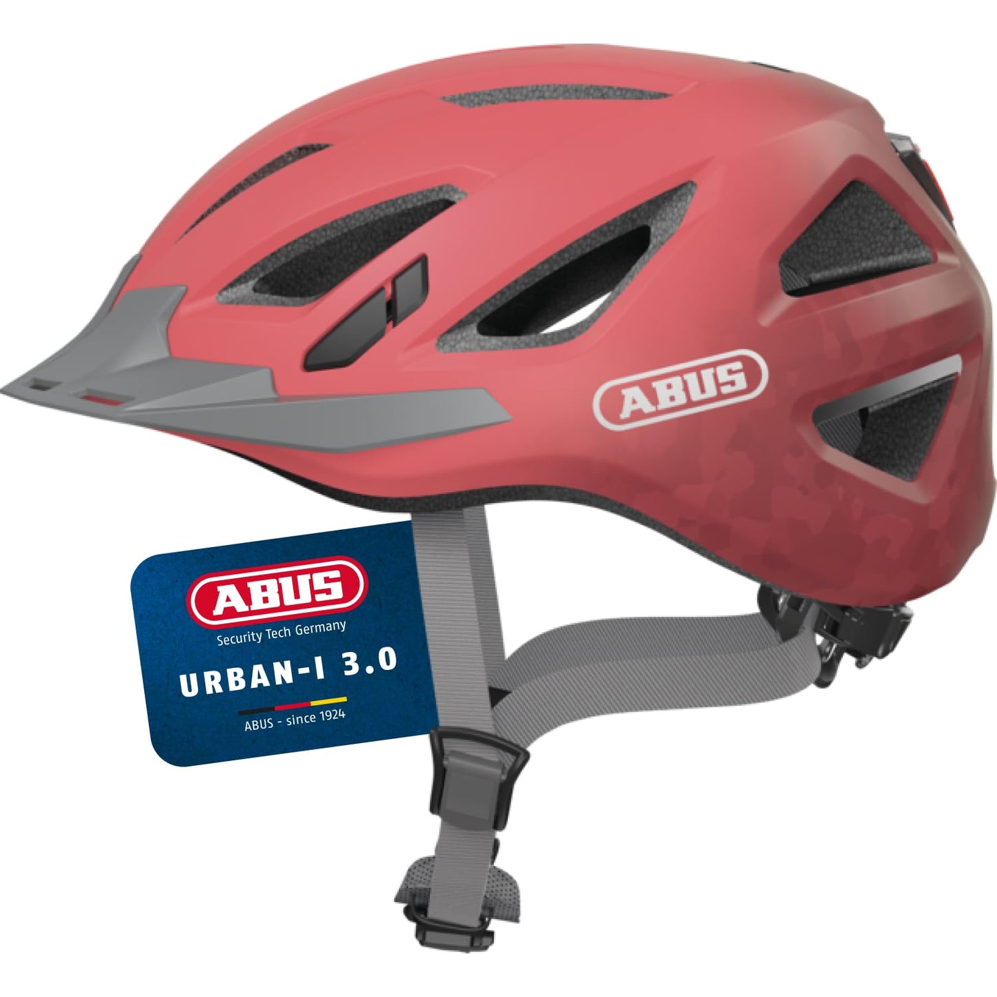 ABUS City Helmet Urban-I 3.0 - Bicycle Helmet with Rear Light, Peak and Magnetic Closure - for Men and Women - Coral, Size L (56-61 cm) - 88639