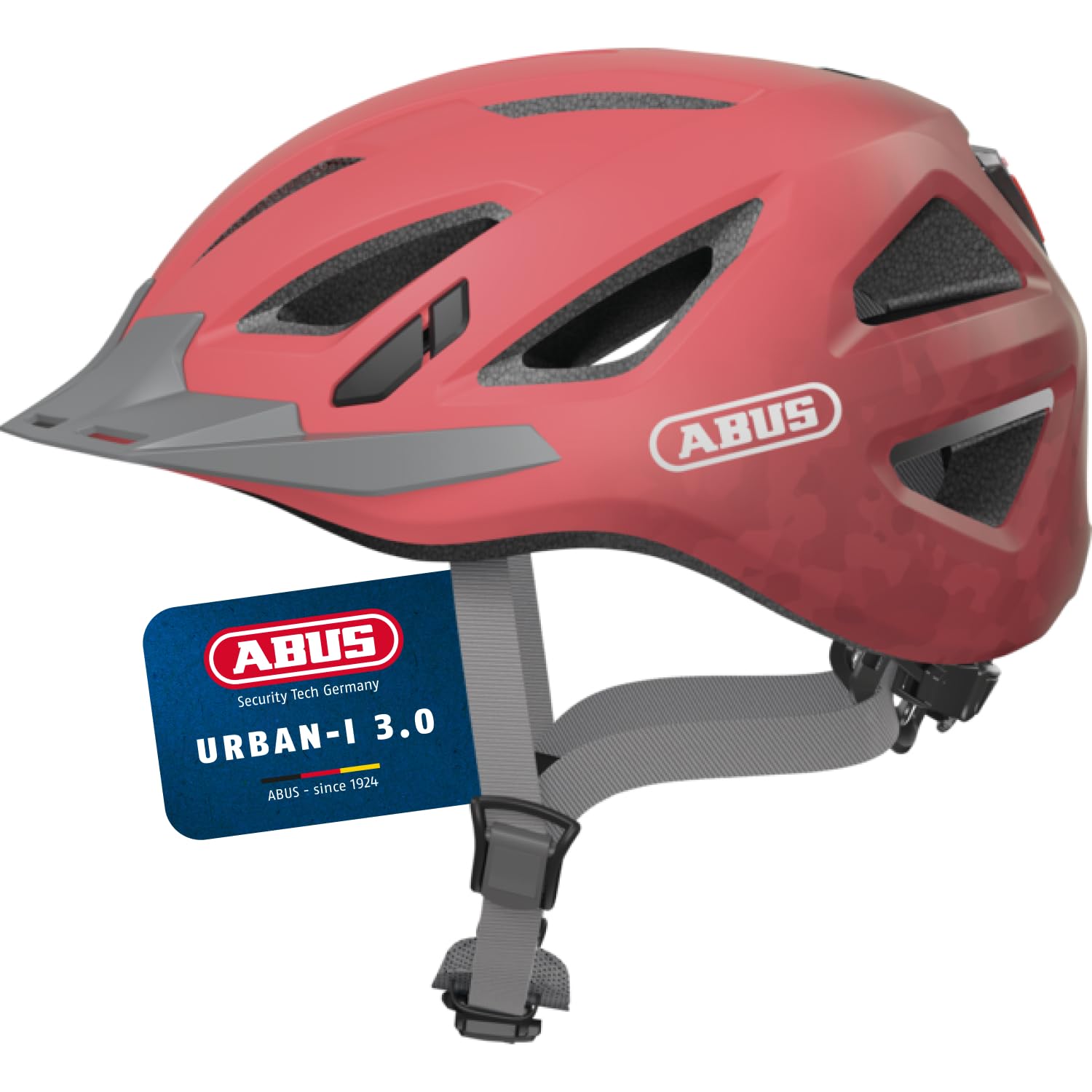 ABUS City Helmet Urban-I 3.0 - Bicycle Helmet with Rear Light, Peak and Magnetic Closure - for Men and Women - Coral, Size L (56-61 cm) - 88639