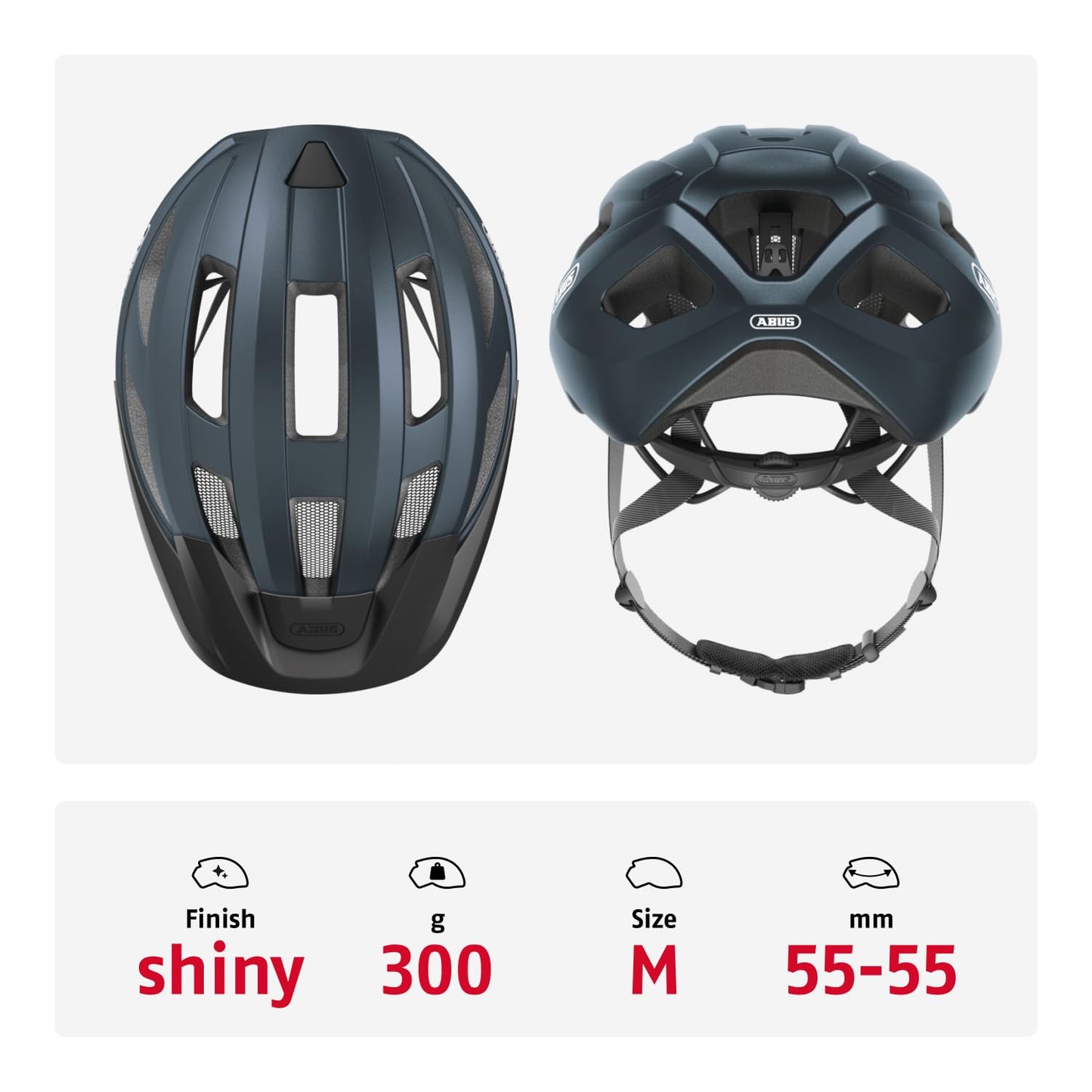 ABUS road bike helmet Macator - sporty bike helmet for beginners - also for pigtail wearers - for women and men - dark blue glossy, size M - 67326