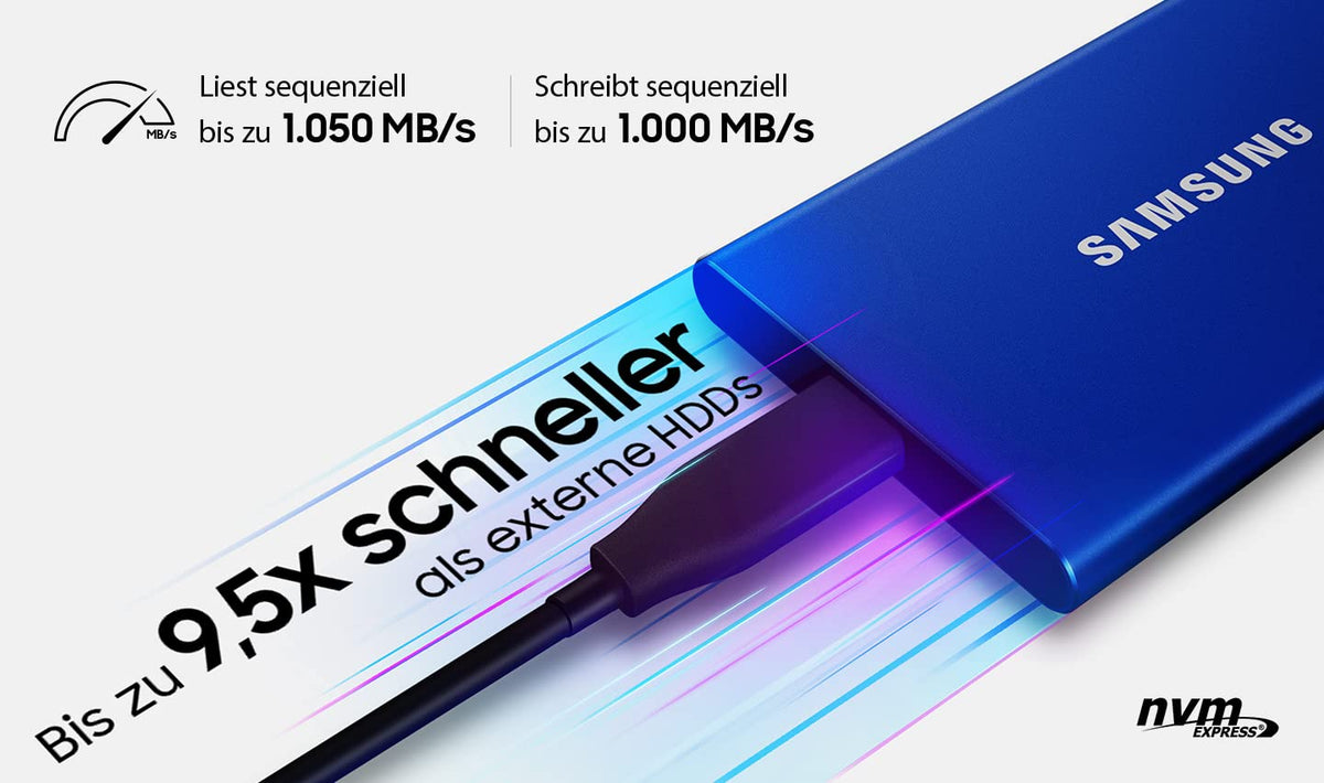 Samsung Portable SSD T7, 500 GB, USB 3.2 Gen.2, 1,050 MB/s read, 1,000 MB/s write, external SSD drive for Mac, PC, smartphone, and gaming console, gray, MU-PC500T/WW, solid-state drive.